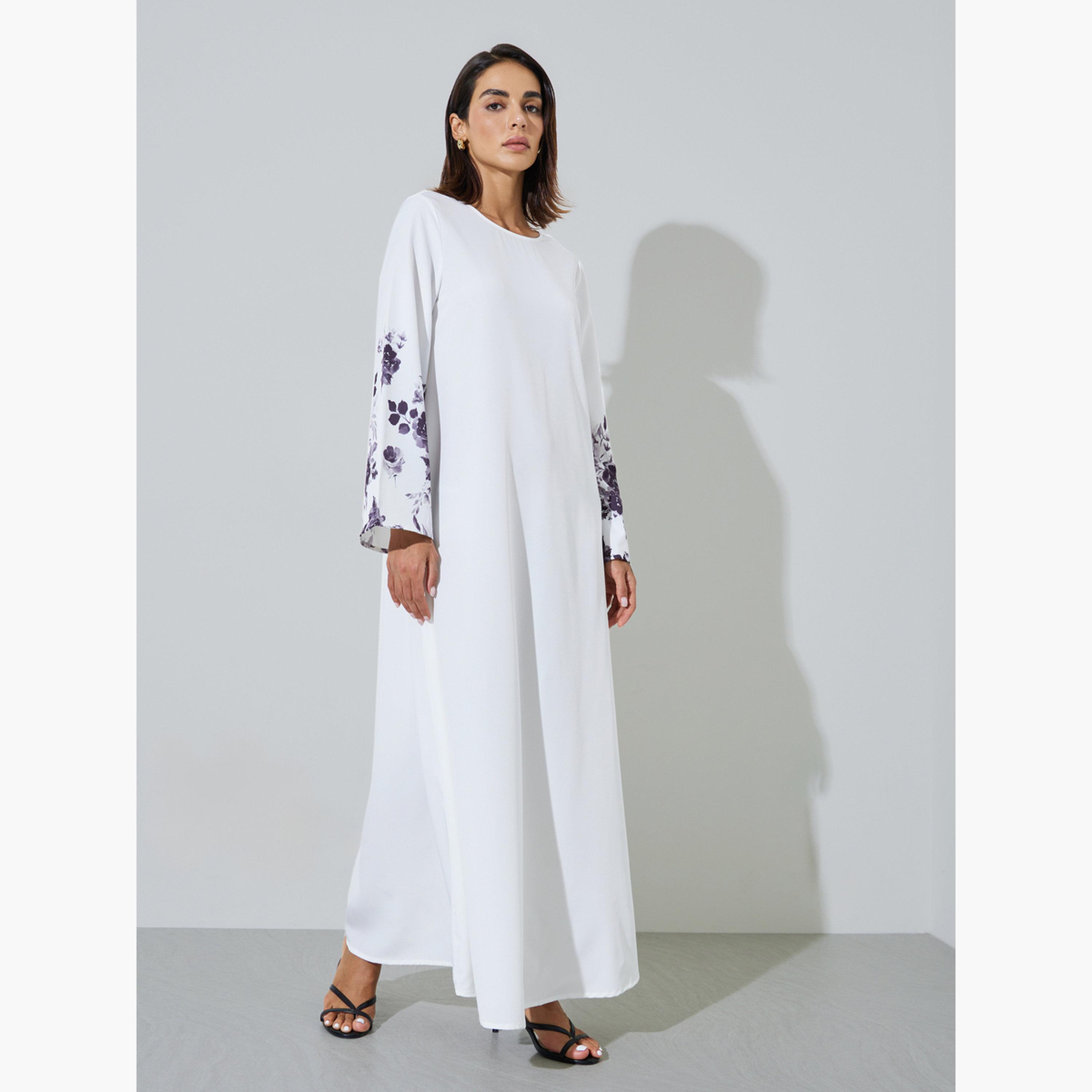 Amirah X Styli White Round Neck Jalabiya with Floral Sleeves-women-arabicclothing-jalabiyas-image-3