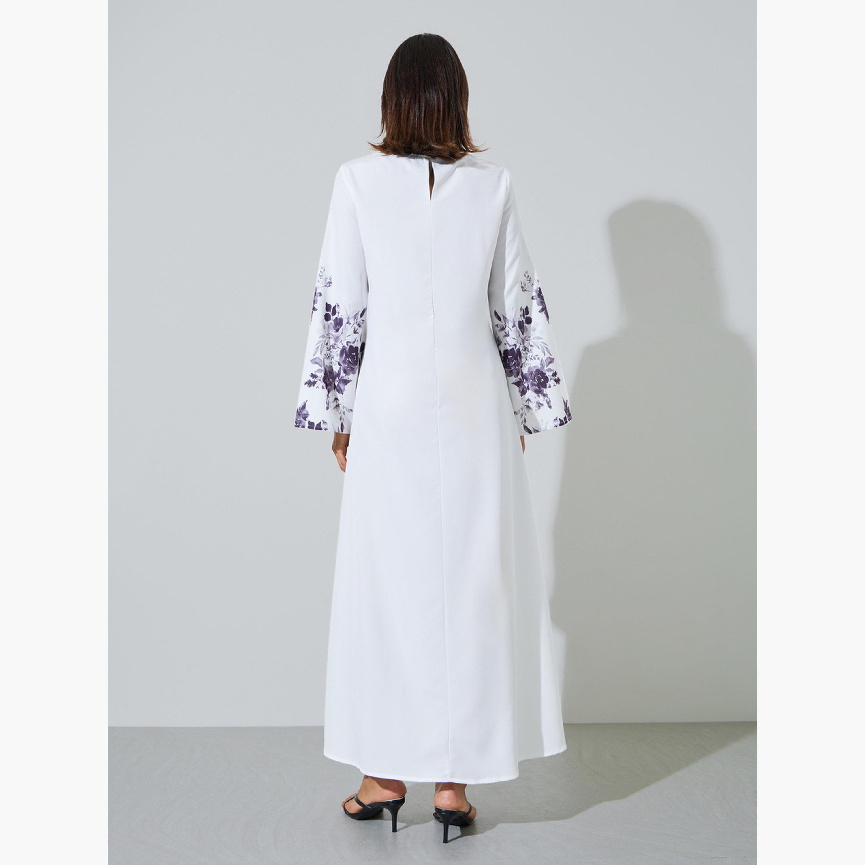 Amirah X Styli White Round Neck Jalabiya with Floral Sleeves-women-arabicclothing-jalabiyas-image-4