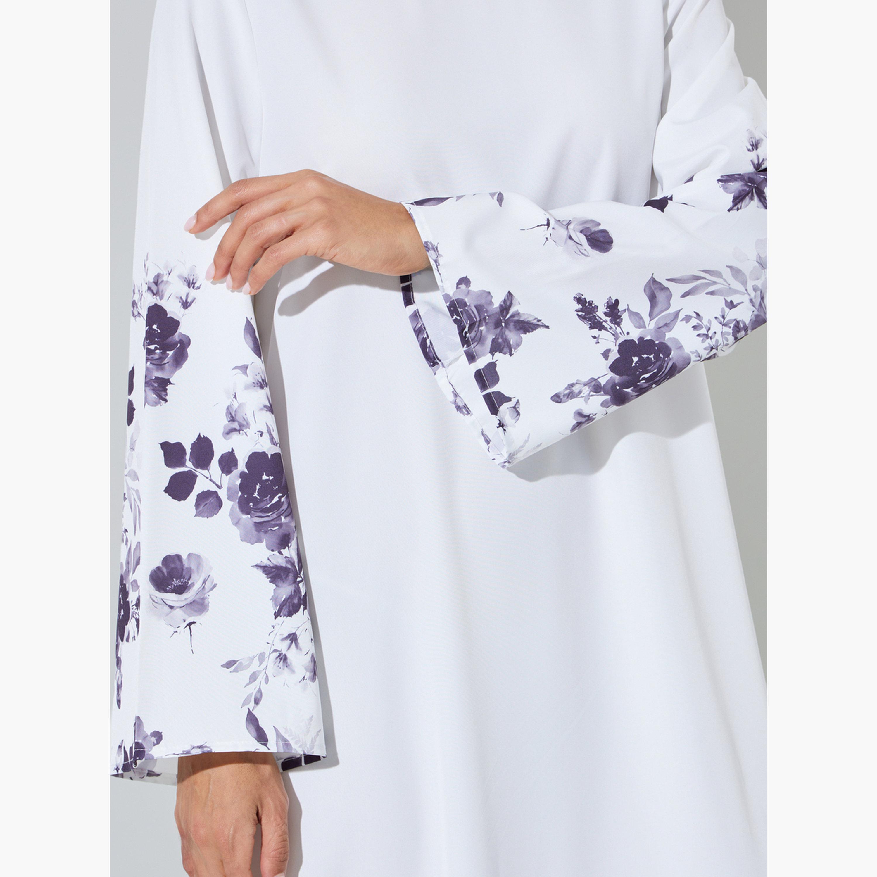 Amirah X Styli White Round Neck Jalabiya with Floral Sleeves-women-arabicclothing-jalabiyas-image-5