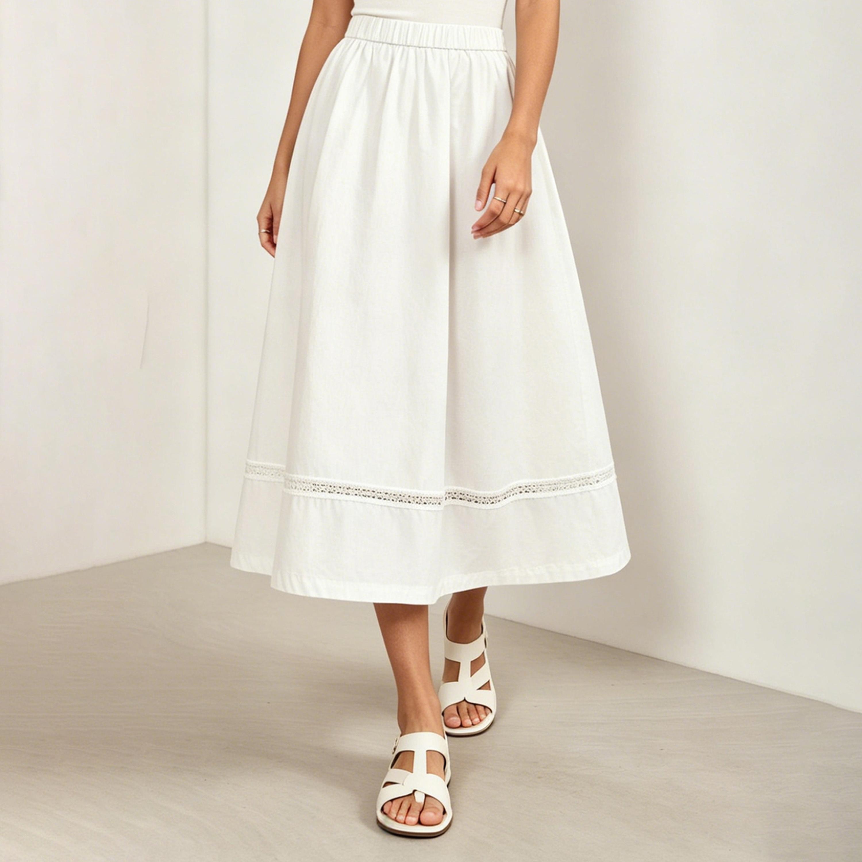 تنورة ميدي بخصر مطاطي وتفاصيل دانتيل-women-clothing-skirts-image-1