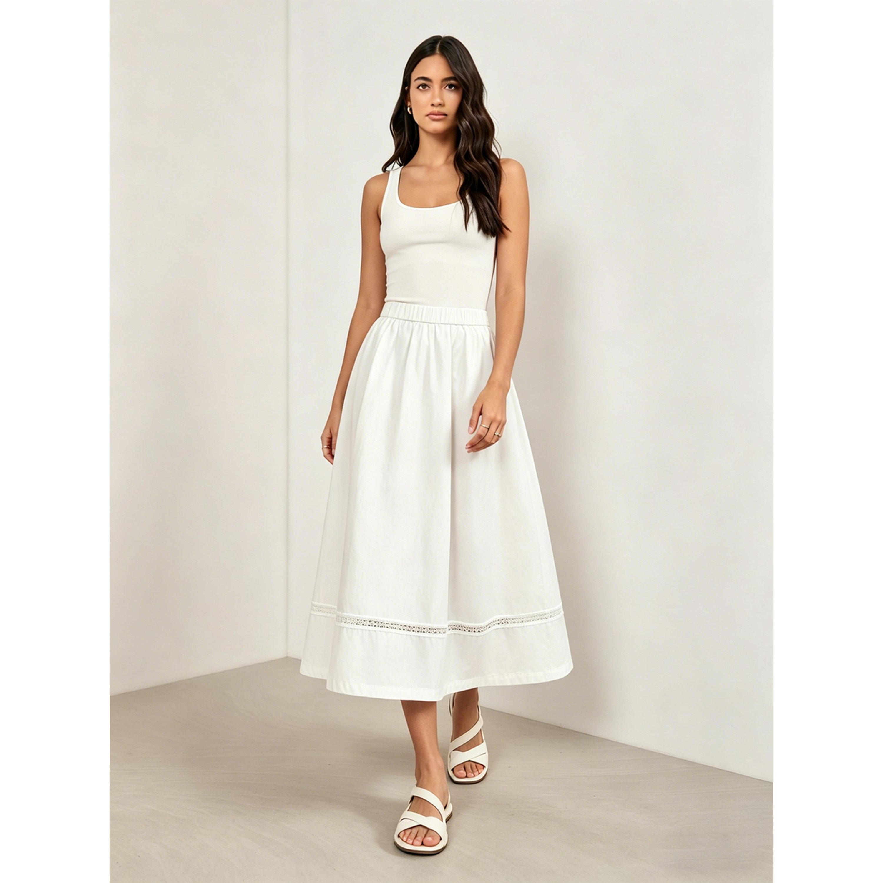 تنورة ميدي بخصر مطاطي وتفاصيل دانتيل-women-clothing-skirts-image-2