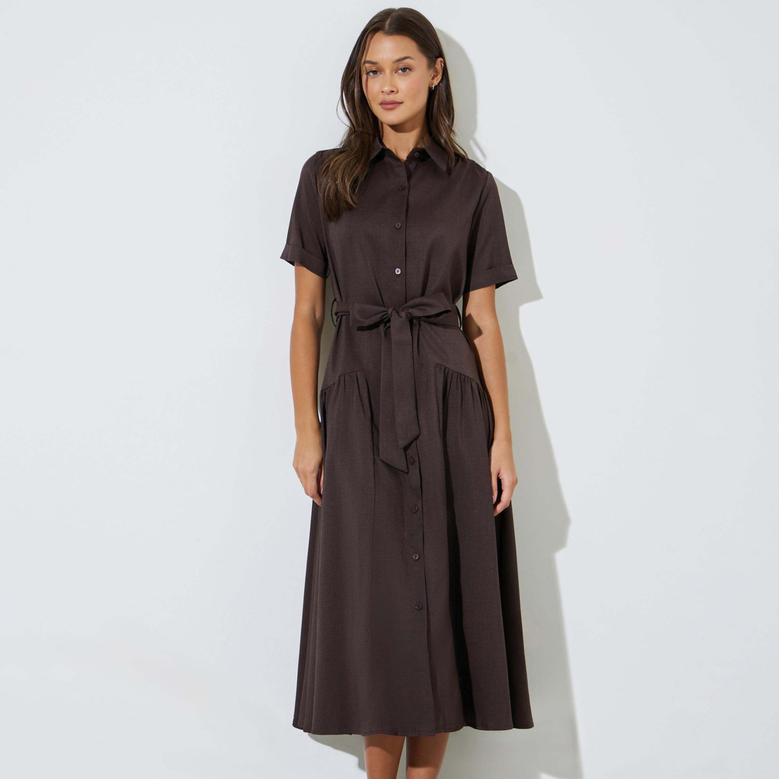 Styli Brown Solid Belted Waist Shirt Midi Dress-women-clothing-dresses-image-1