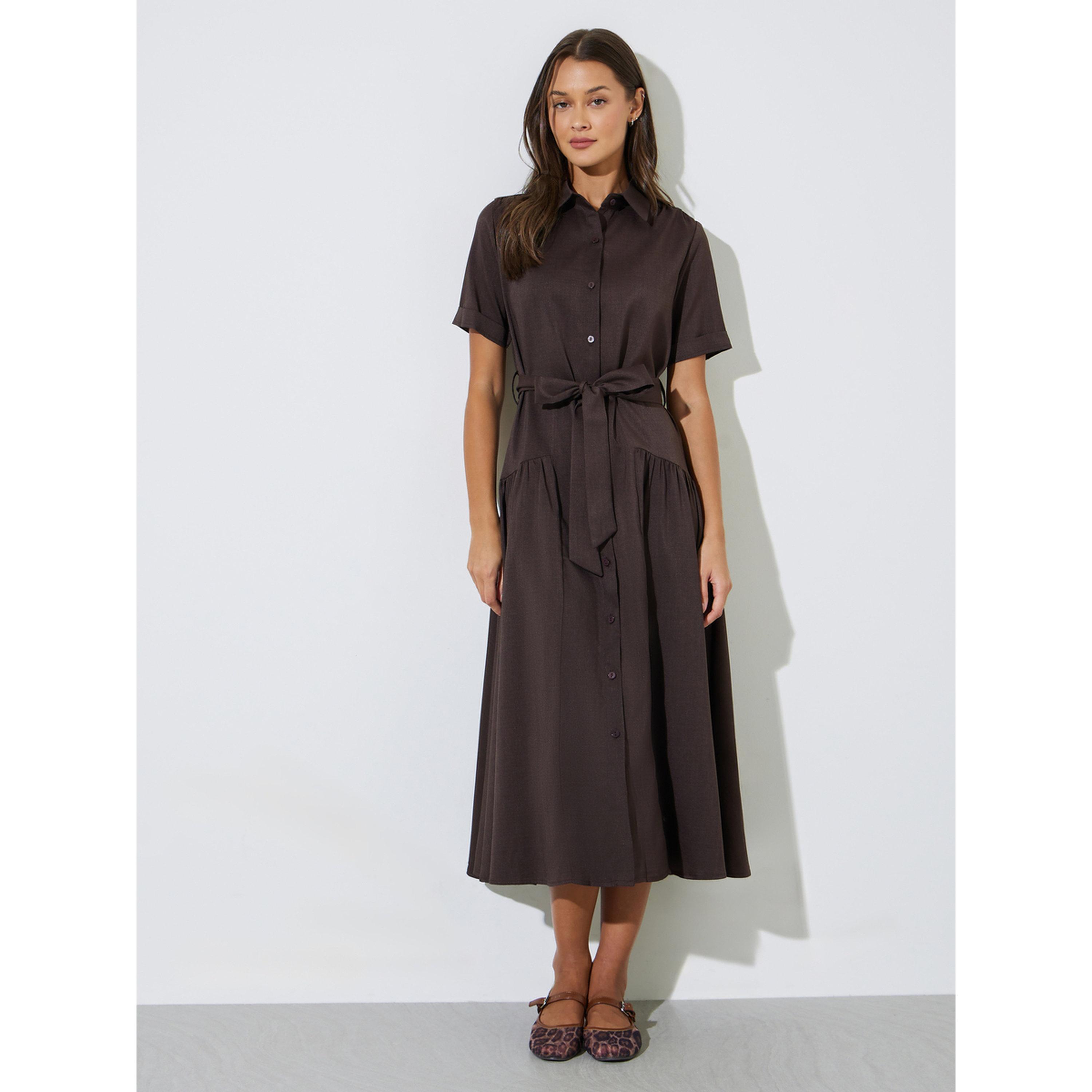 Styli Brown Solid Belted Waist Shirt Midi Dress-women-clothing-dresses-image-2