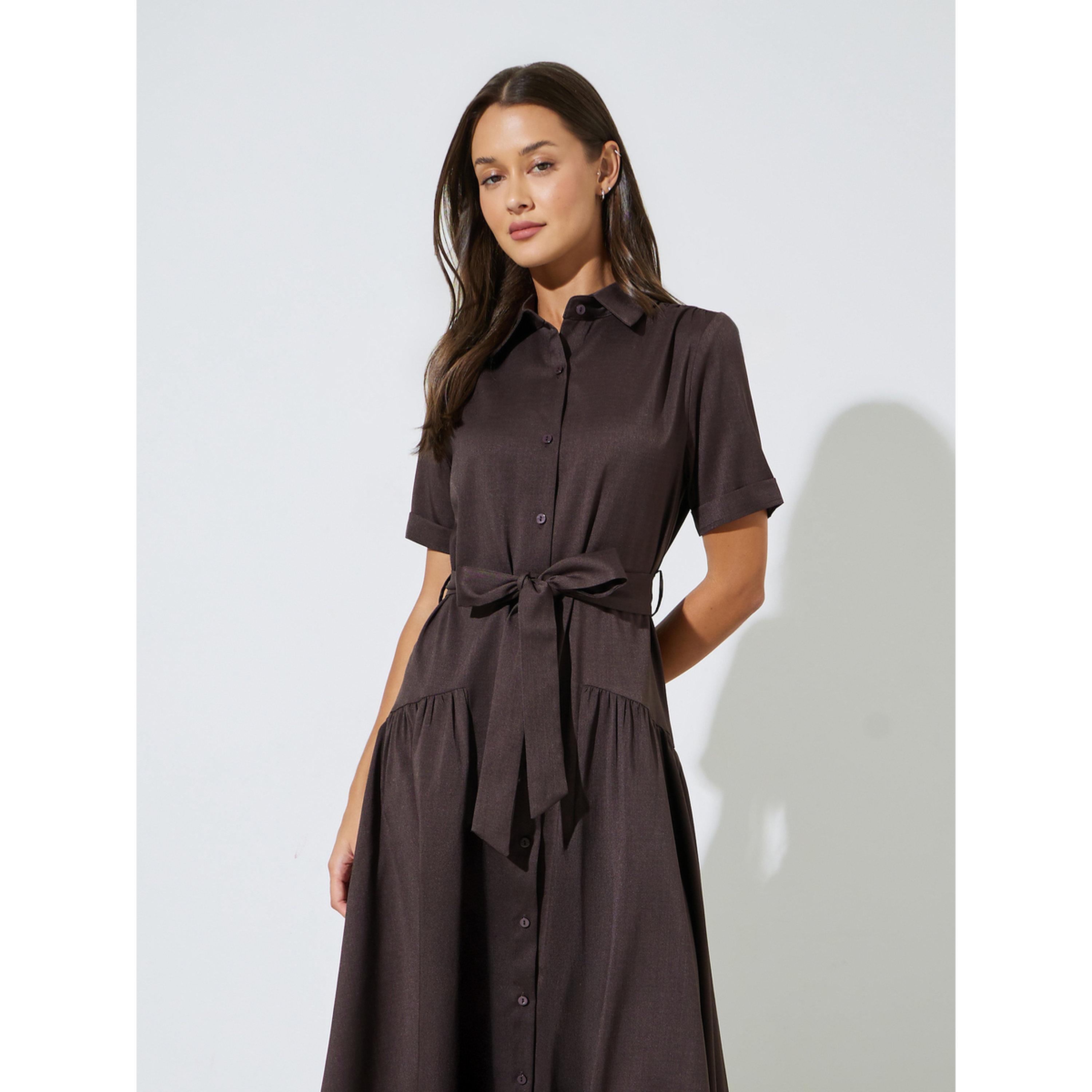 Styli Brown Solid Belted Waist Shirt Midi Dress-women-clothing-dresses-image-3