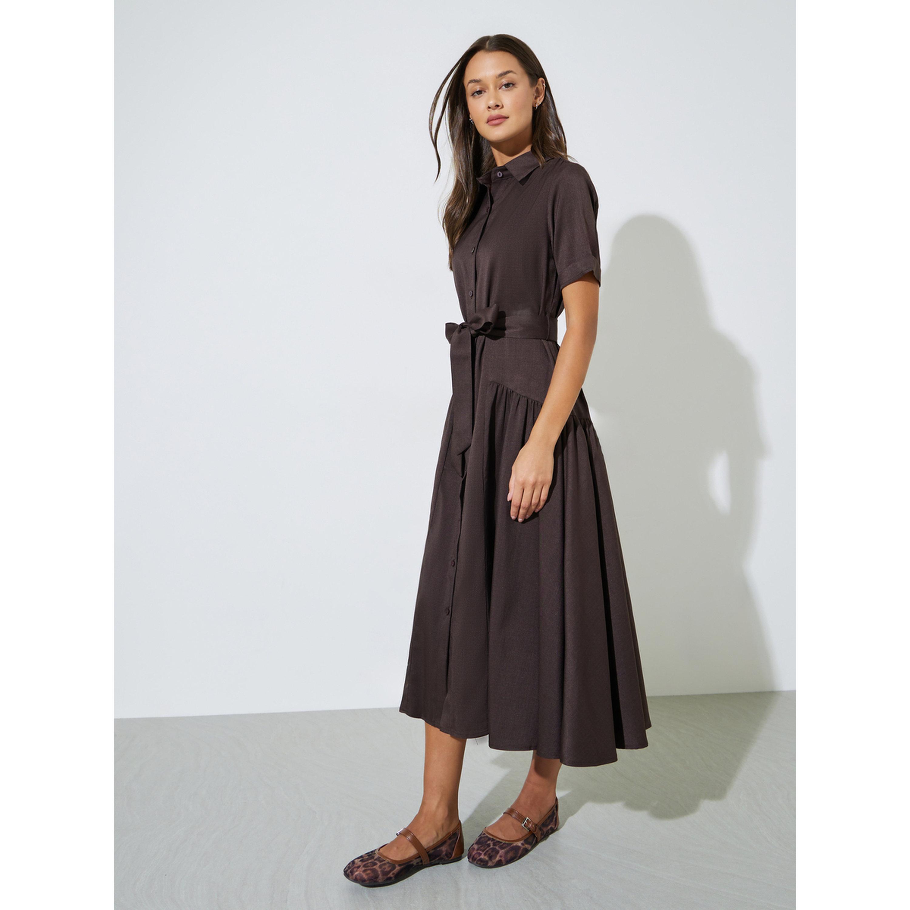 Styli Brown Solid Belted Waist Shirt Midi Dress-women-clothing-dresses-image-4
