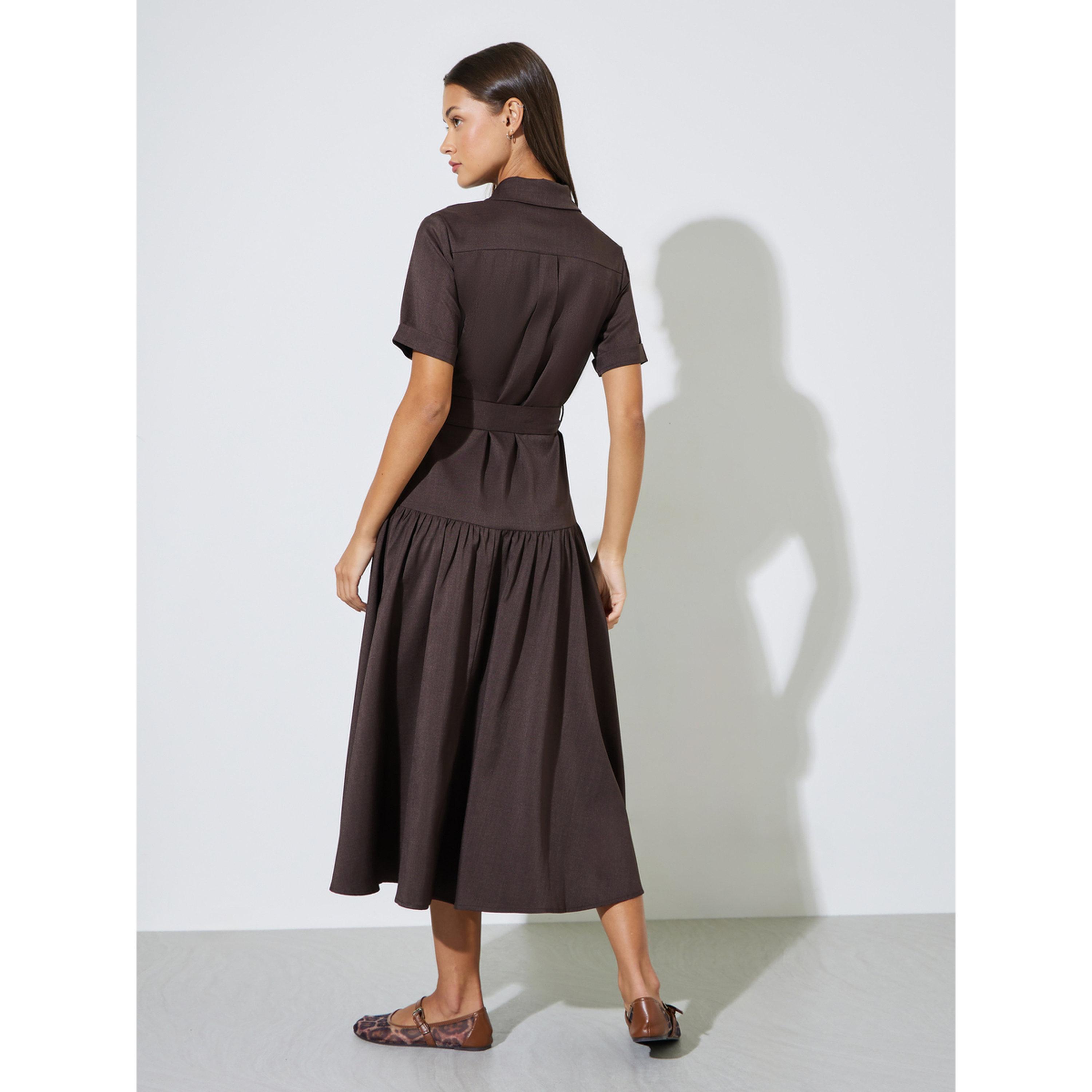 Styli Brown Solid Belted Waist Shirt Midi Dress-women-clothing-dresses-image-5