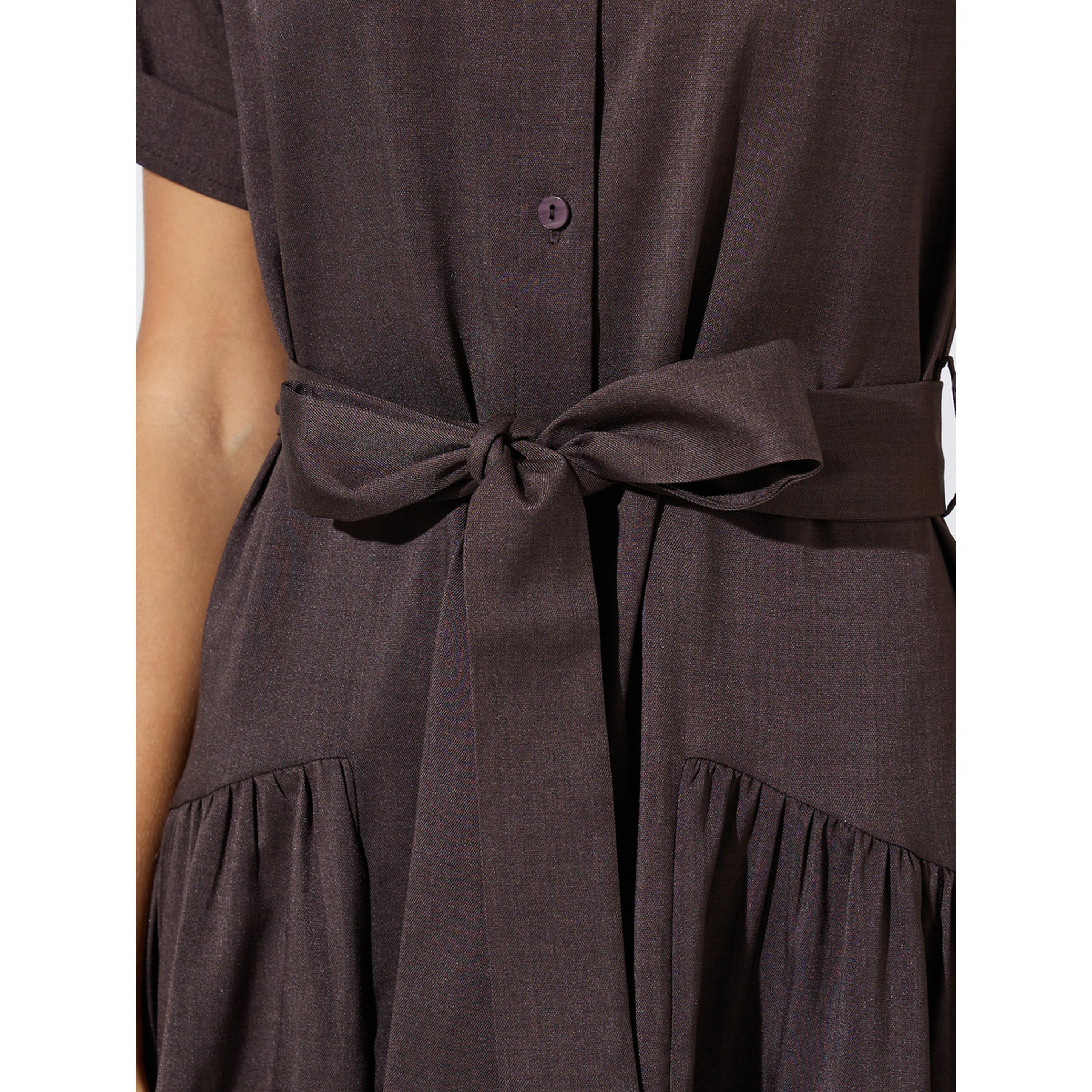 Styli Brown Solid Belted Waist Shirt Midi Dress-women-clothing-dresses-image-6