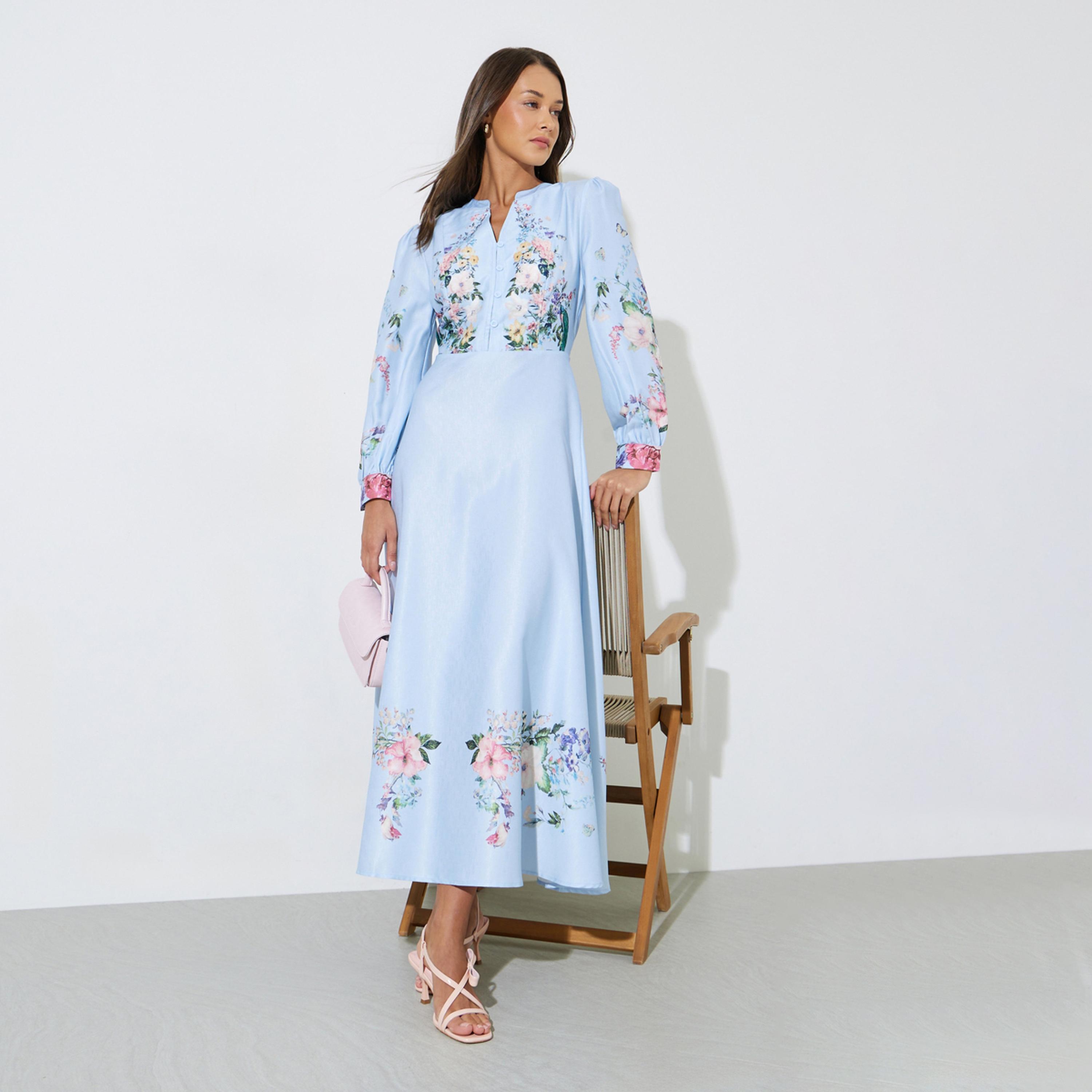 فستان طويل بحافة واسعة وياقة مفتوحة ونمط زهور-women-clothing-dresses-image-1