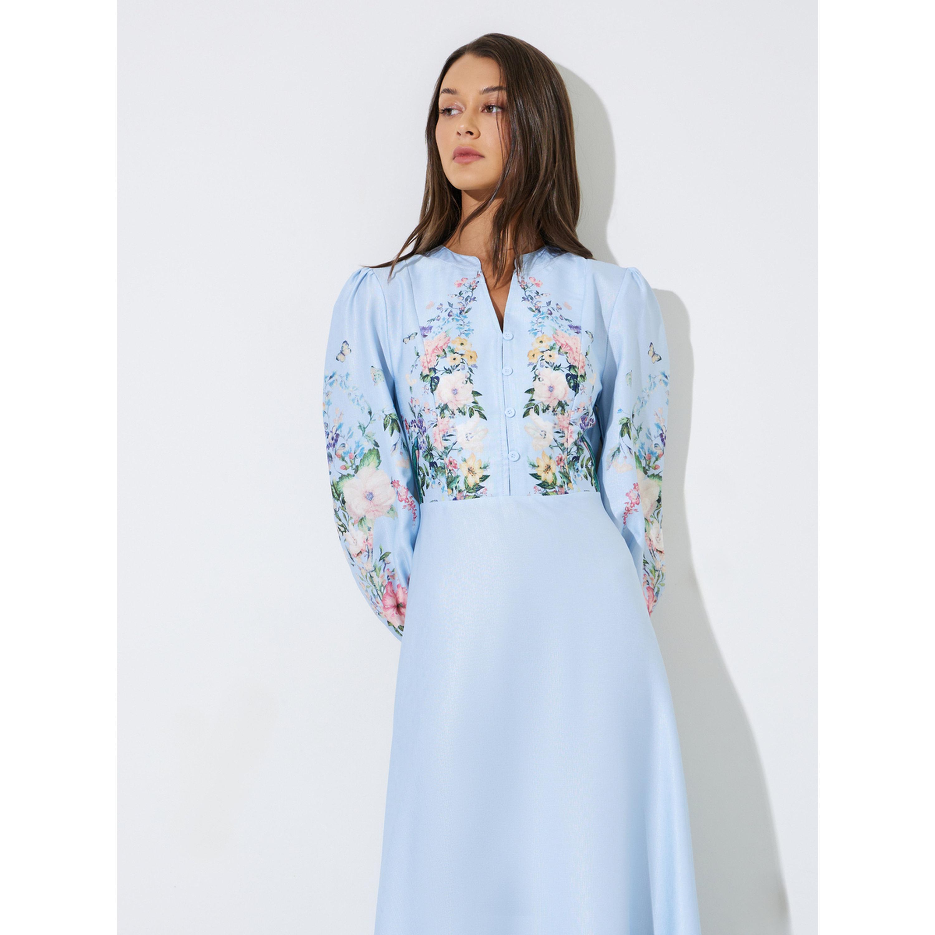 فستان طويل بحافة واسعة وياقة مفتوحة ونمط زهور-women-clothing-dresses-image-2