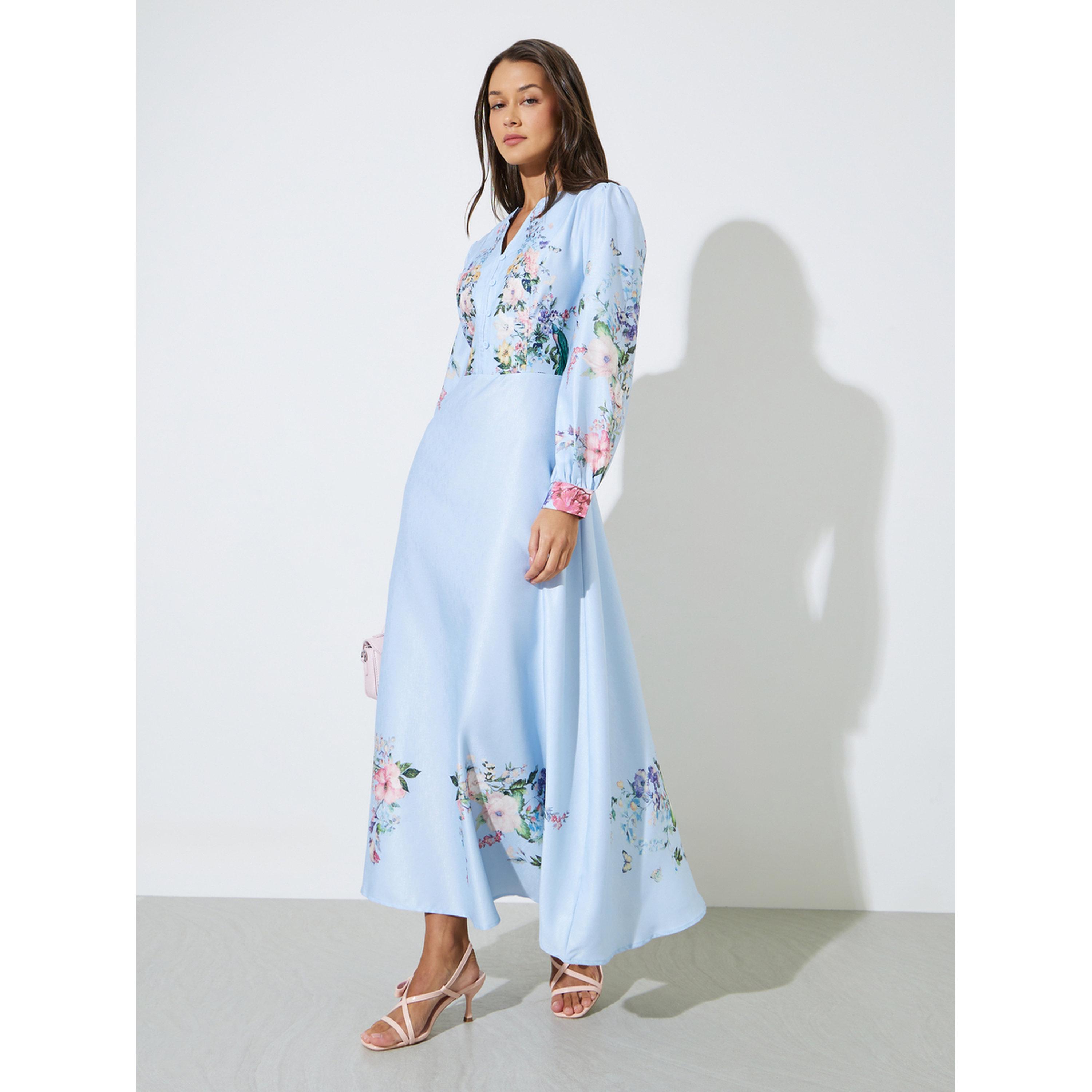 فستان طويل بحافة واسعة وياقة مفتوحة ونمط زهور-women-clothing-dresses-image-3