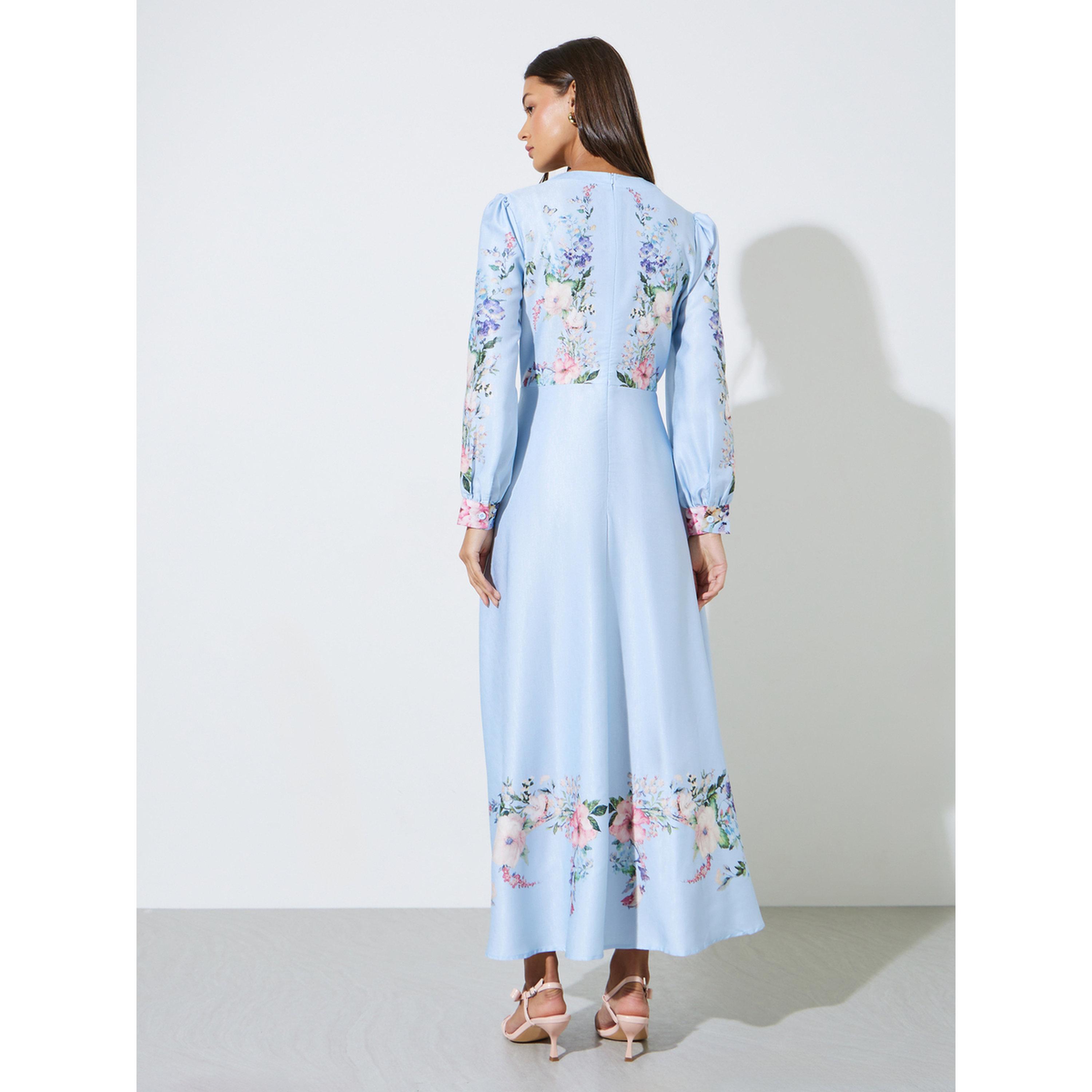 فستان طويل بحافة واسعة وياقة مفتوحة ونمط زهور-women-clothing-dresses-image-4
