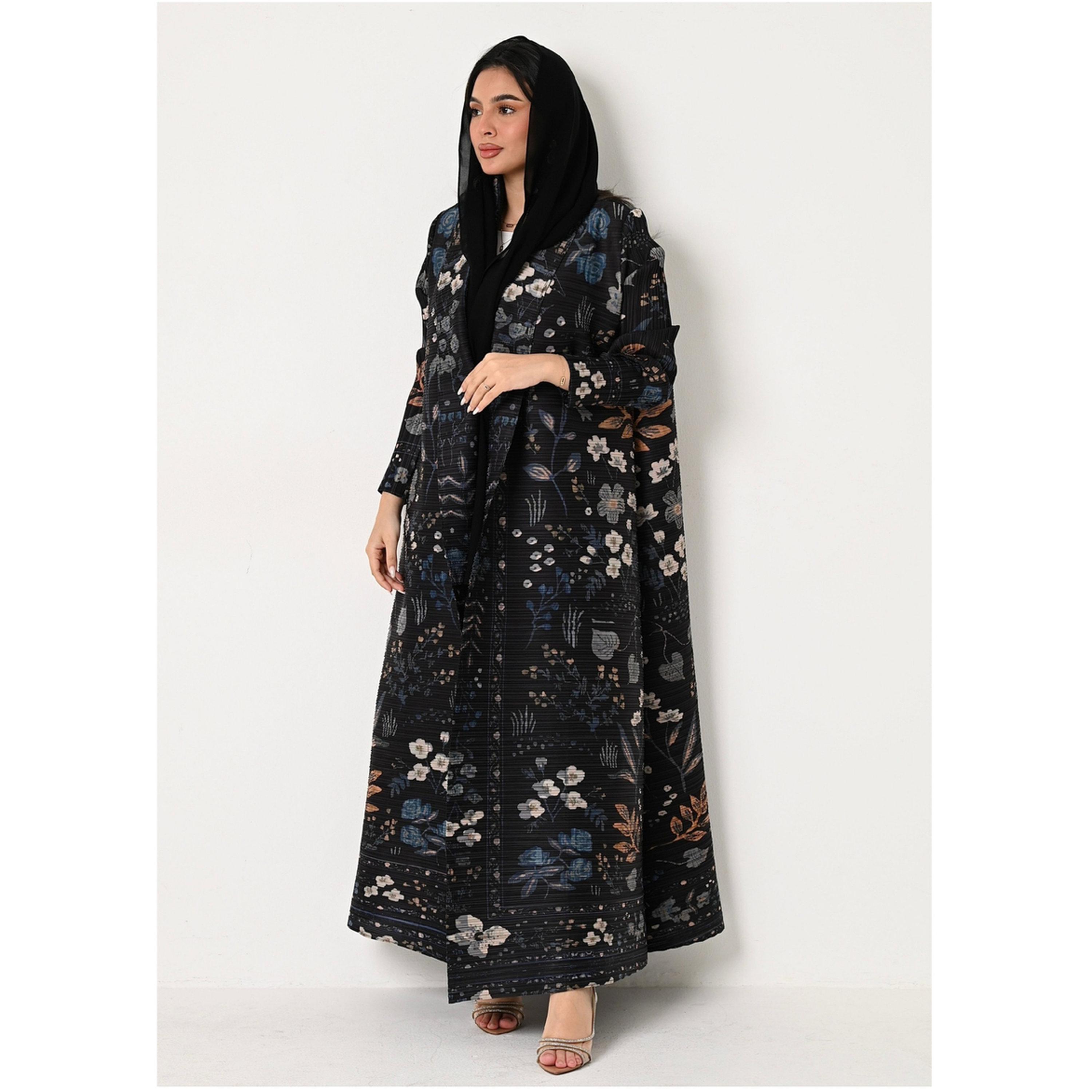عباية مفتوحة من الأمام بتفاصيل بارزة الملمس وطبعة زهور-women-arabicclothing-abayas-image-1