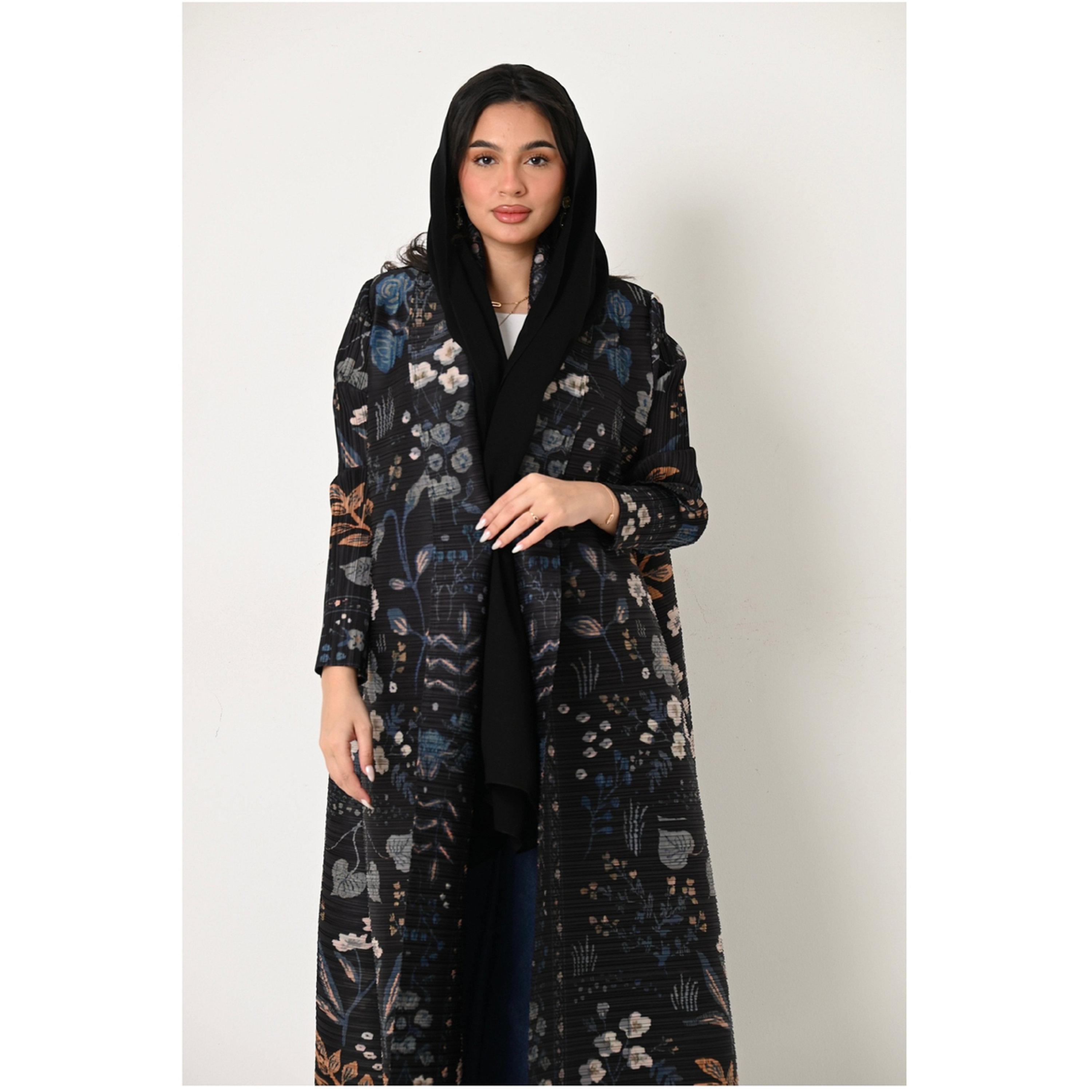 Take Two Black Floral Print Textured Open Front Abaya-women-arabicclothing-abayas-image-3