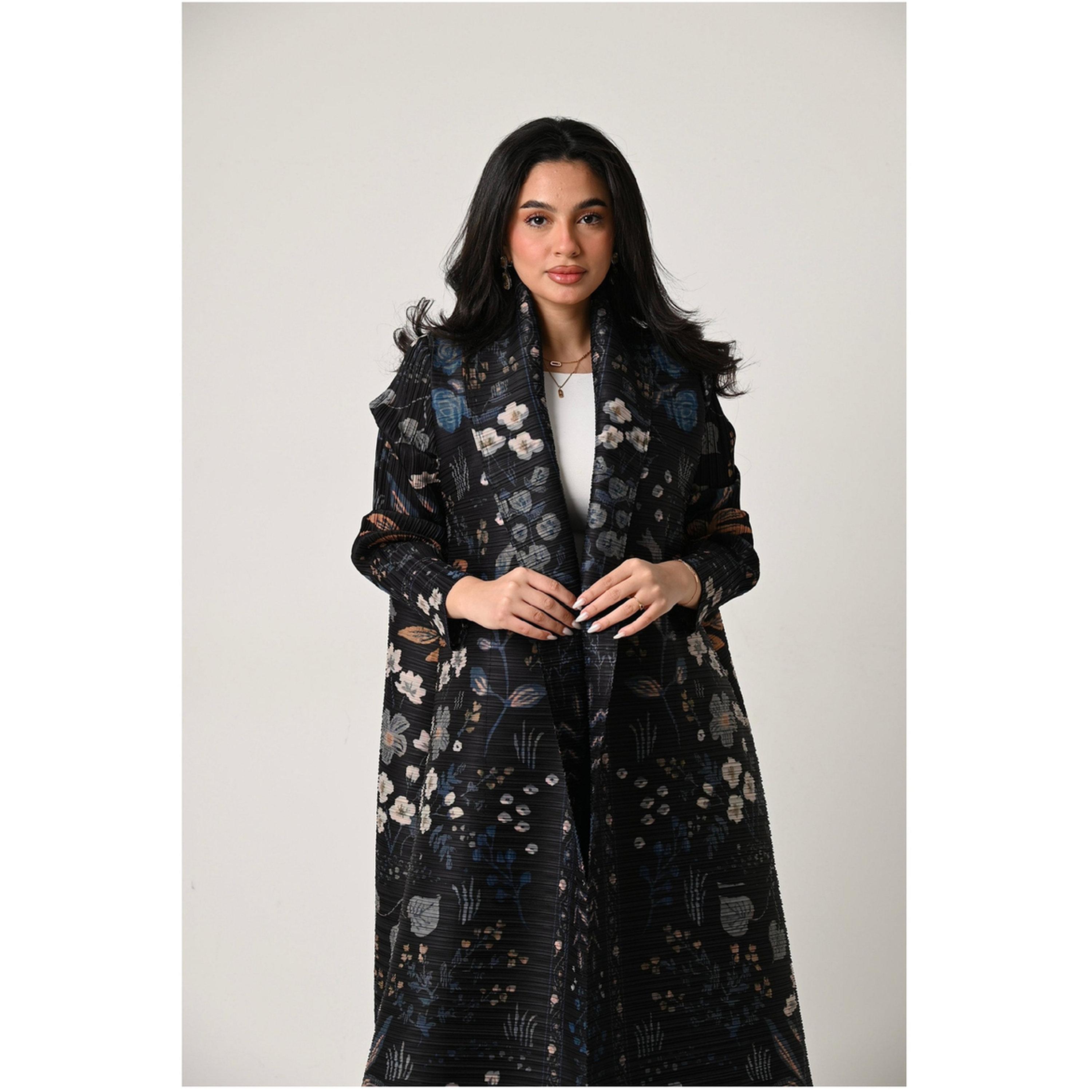 Take Two Black Floral Print Textured Open Front Abaya-women-arabicclothing-abayas-image-4