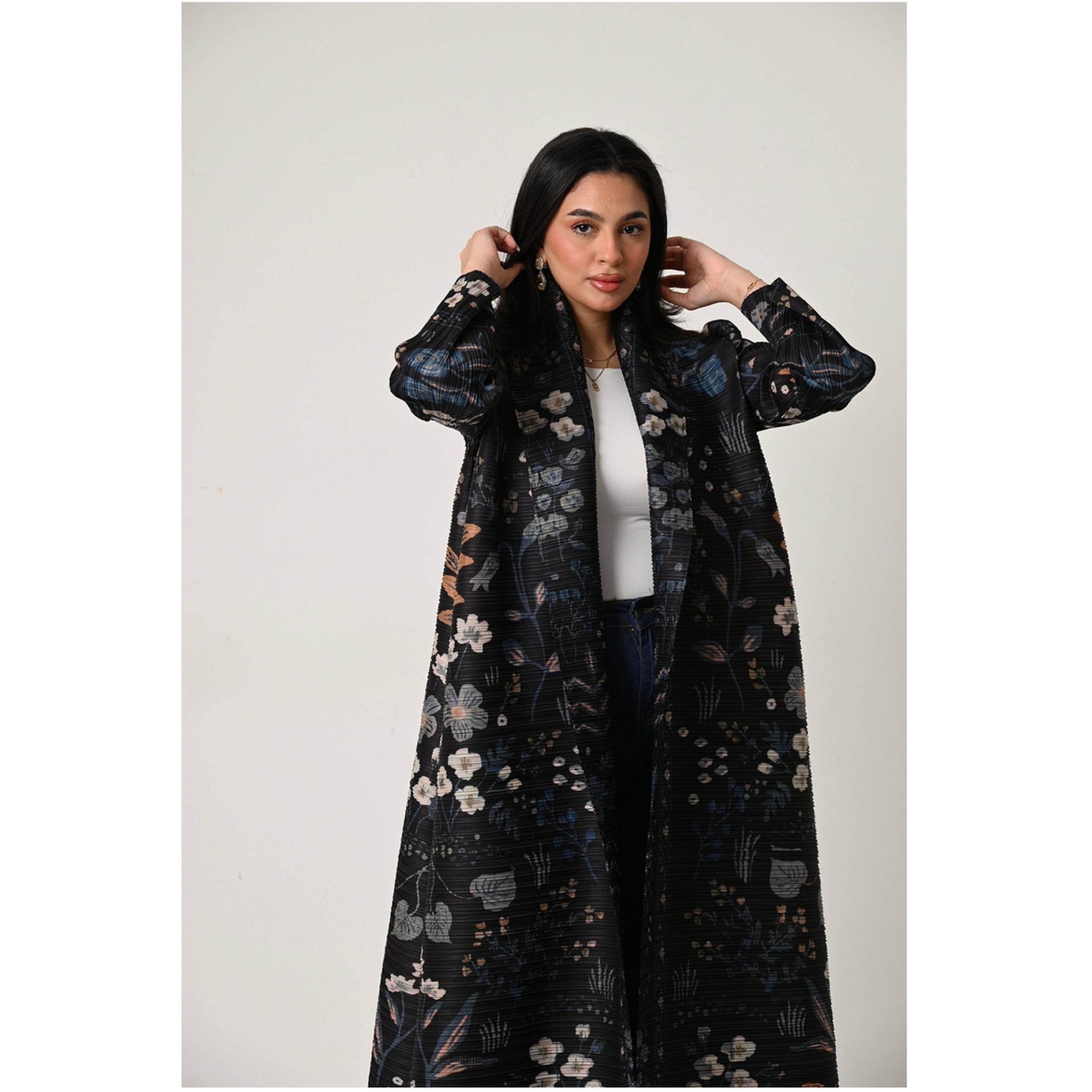 Take Two Black Floral Print Textured Open Front Abaya-women-arabicclothing-abayas-image-5