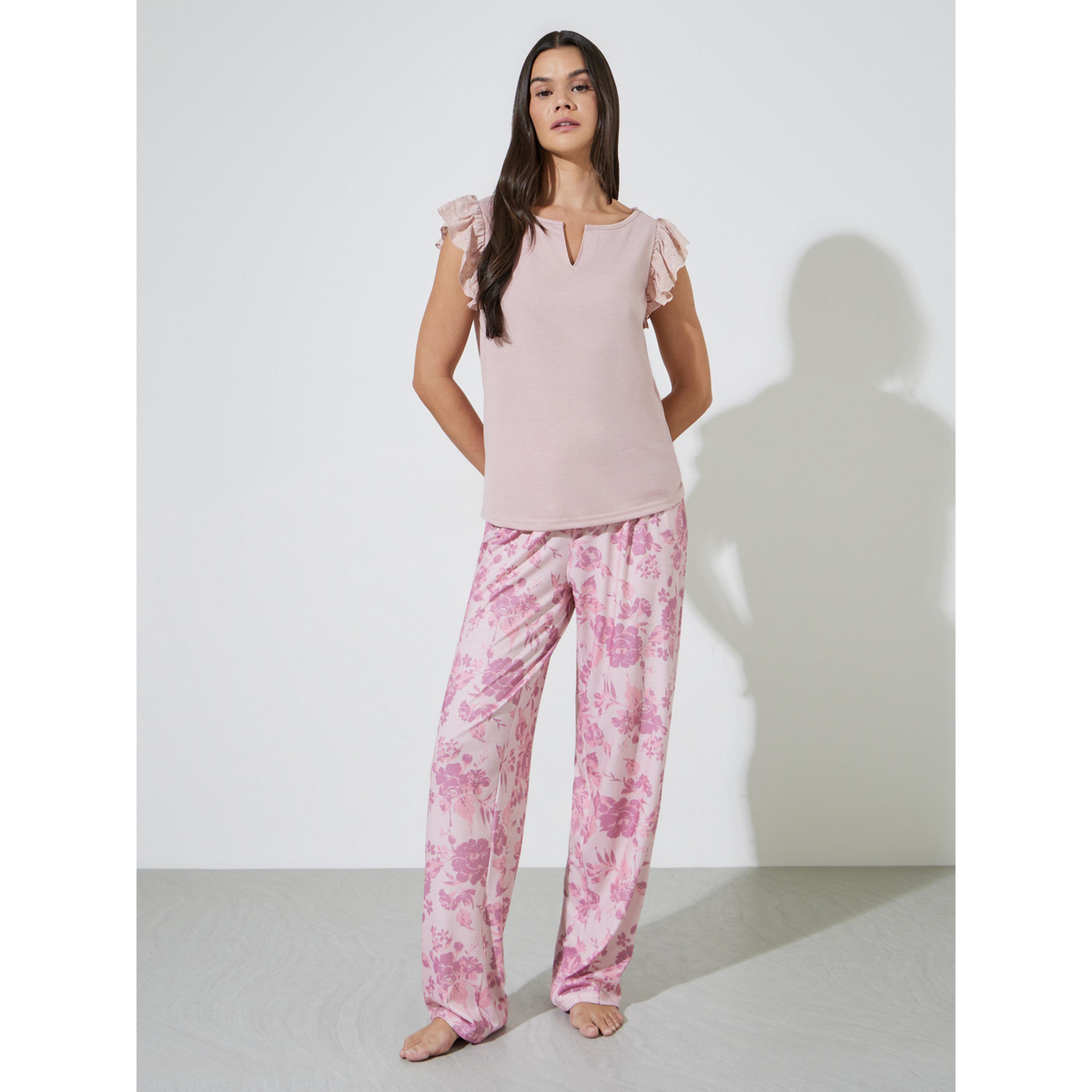 Styli Pink Schiffli Ruffle Sleeve Notch Neck Tank and Floral Pyjama Set-women-clothing-nightwear-pyjamas-longsets-image-1