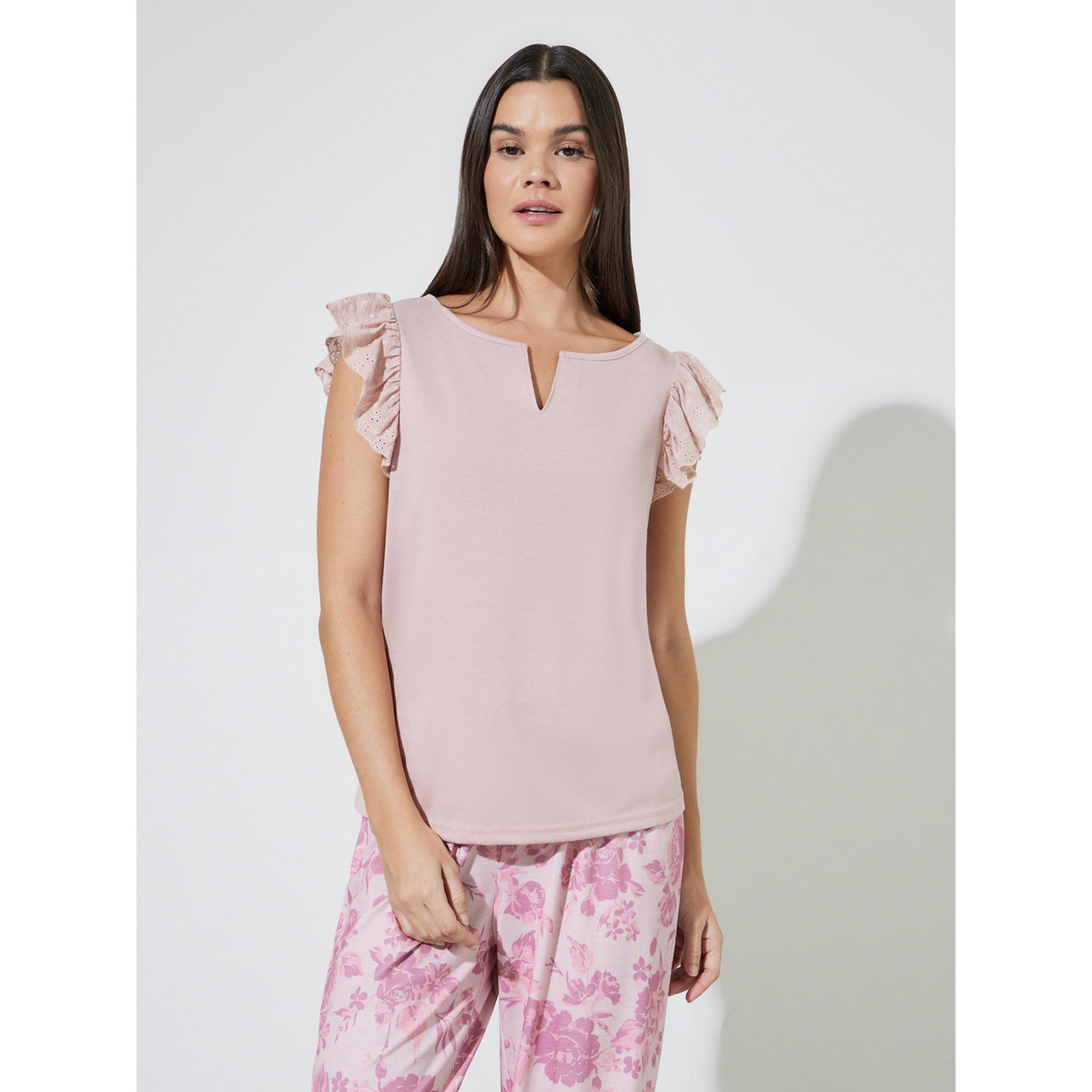 Styli Pink Schiffli Ruffle Sleeve Notch Neck Tank and Floral Pyjama Set-women-clothing-nightwear-pyjamas-longsets-image-2