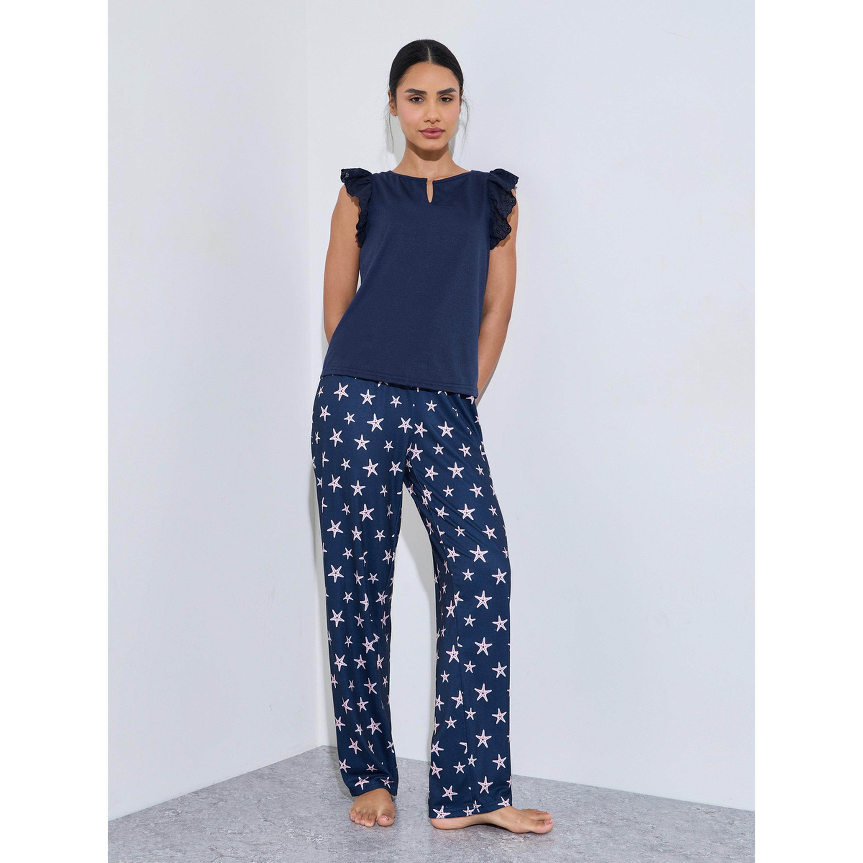 Styli Navy Blue Solid Ruffle Details Tank and Star Print Pants Pyjama Set-women-clothing-nightwear-pyjamas-longsets-image-1