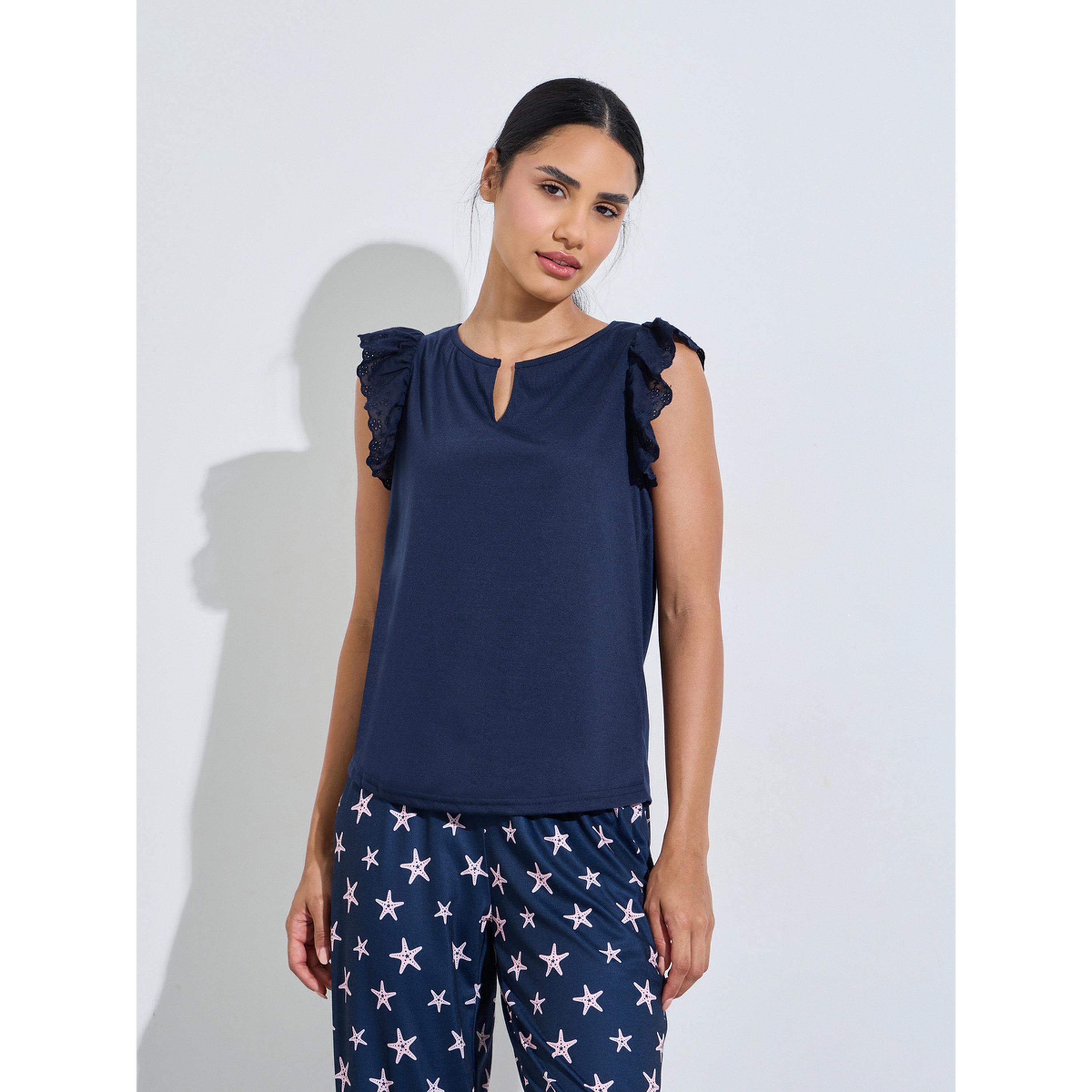 Styli Navy Blue Solid Ruffle Details Tank and Star Print Pants Pyjama Set-women-clothing-nightwear-pyjamas-longsets-image-2