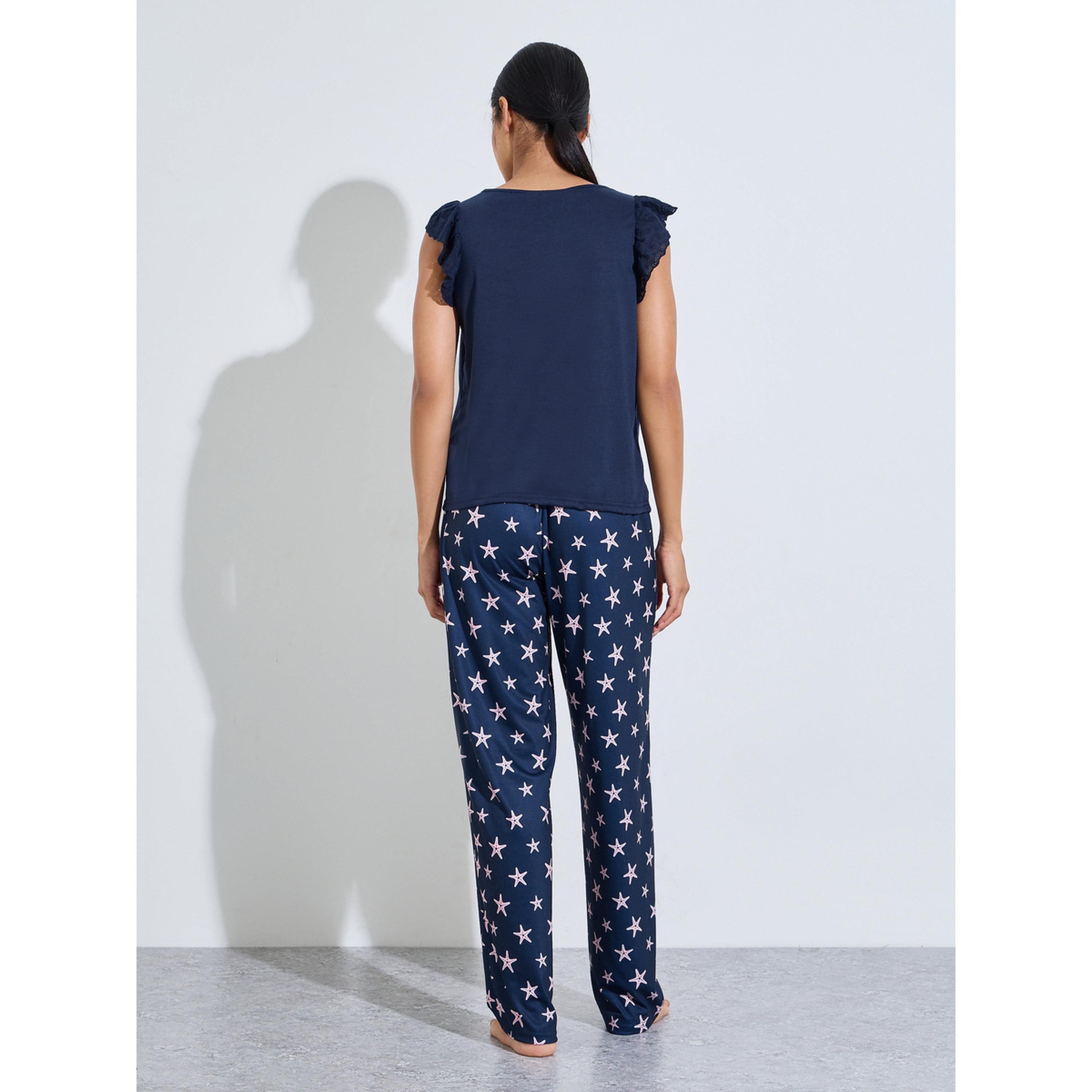 Styli Navy Blue Solid Ruffle Details Tank and Star Print Pants Pyjama Set-women-clothing-nightwear-pyjamas-longsets-image-3