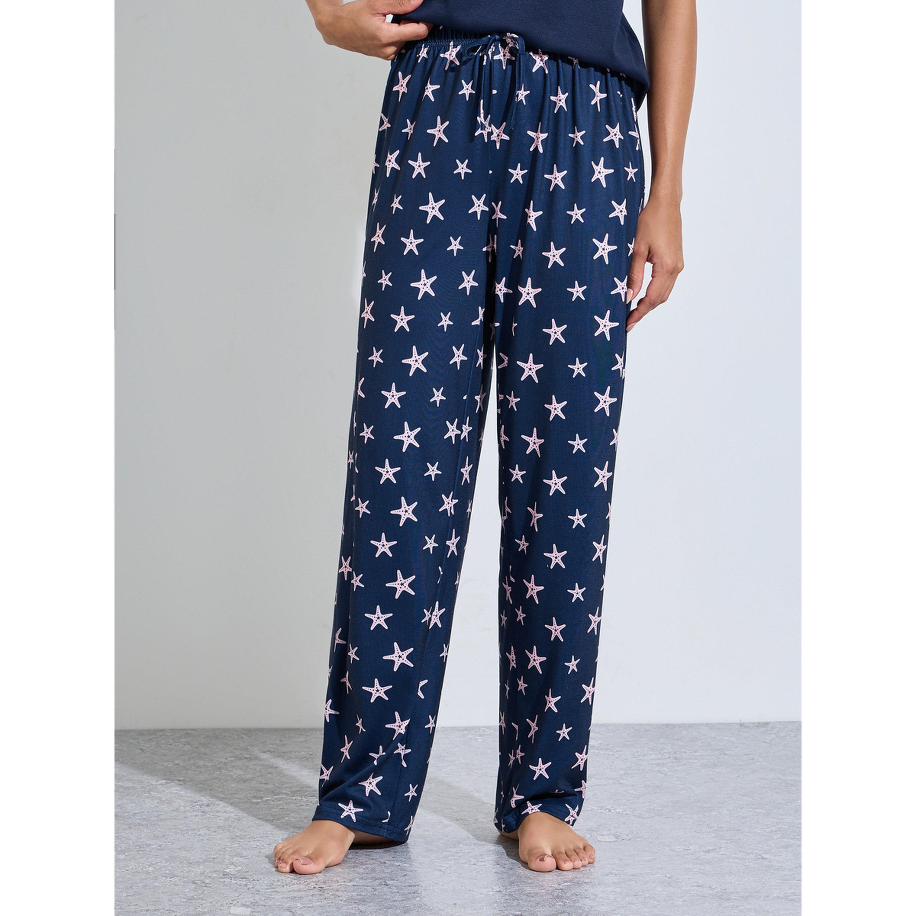 Styli Navy Blue Solid Ruffle Details Tank and Star Print Pants Pyjama Set-women-clothing-nightwear-pyjamas-longsets-image-4