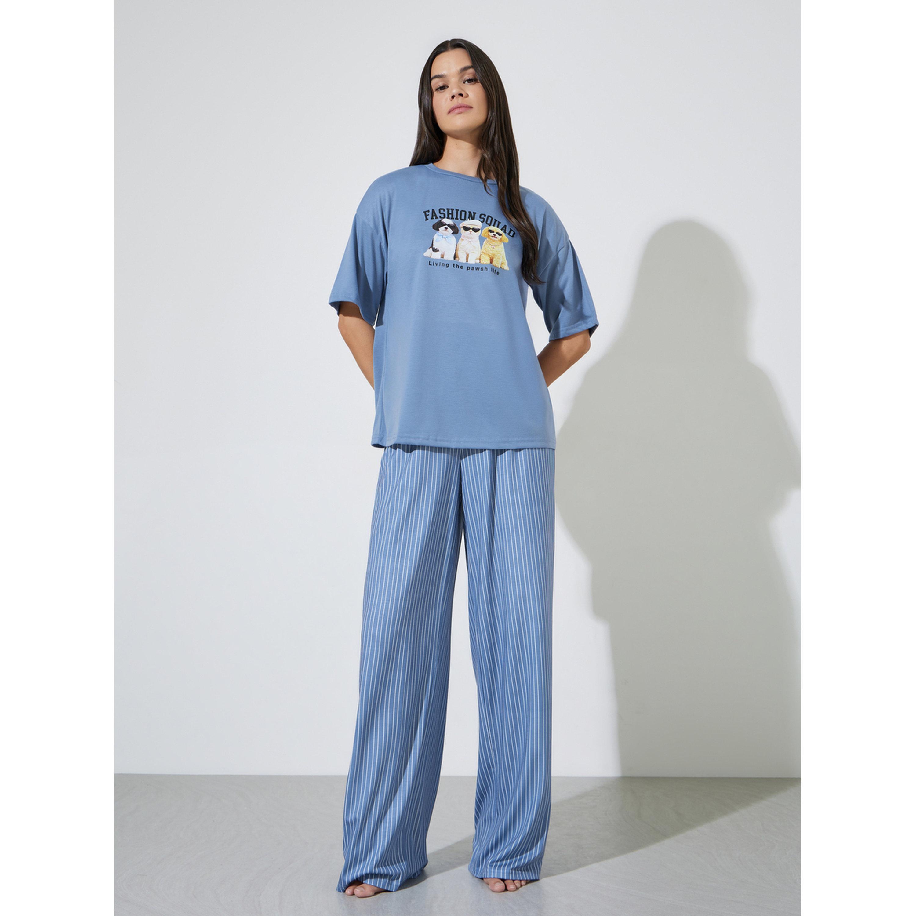 Styli Blue Fashion Squad Dog Graphic Drop Shoulder T-Shirt and Stripe Wide Leg Pyjama Set-women-clothing-nightwear-pyjamas-longsets-image-1