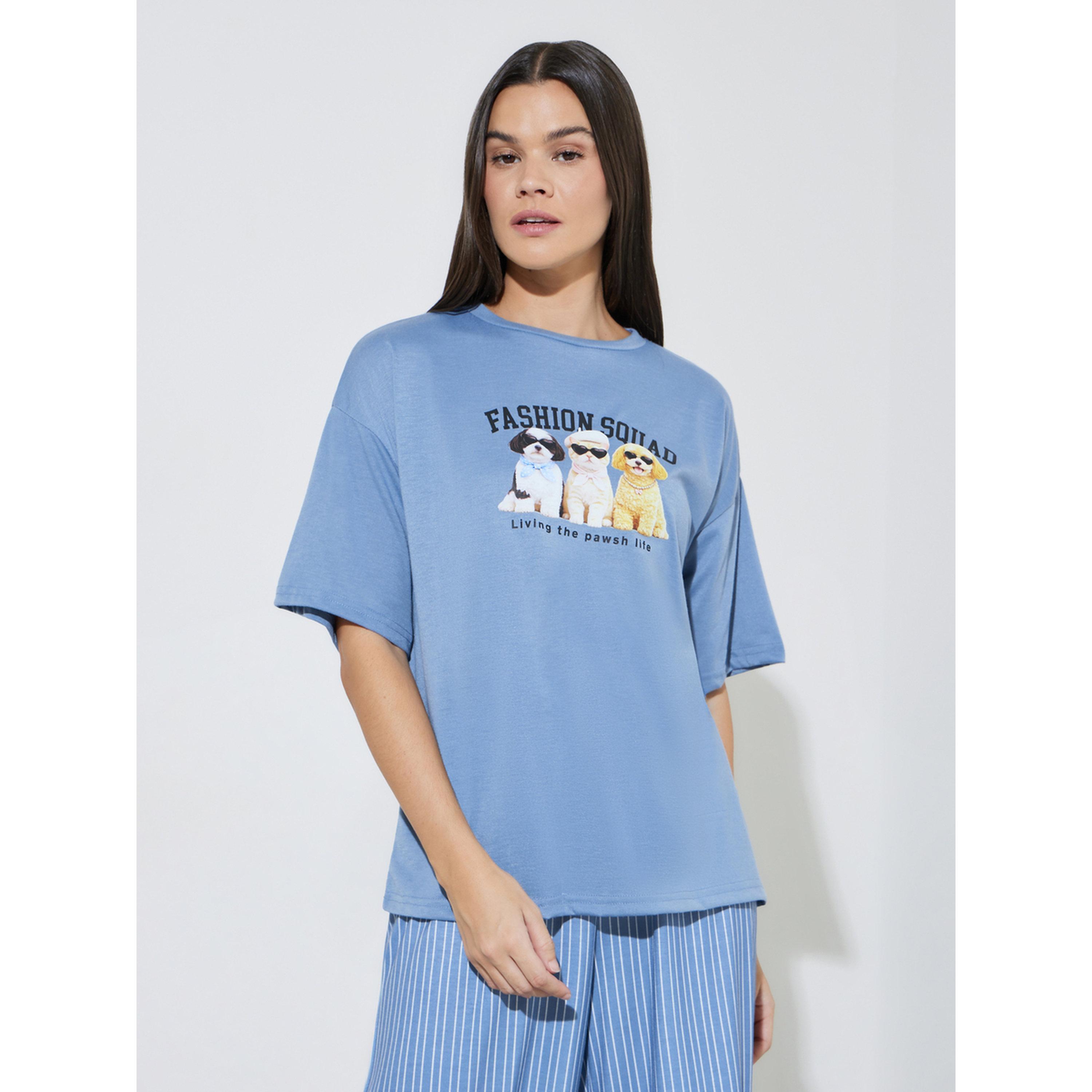 Styli Blue Fashion Squad Dog Graphic Drop Shoulder T-Shirt and Stripe Wide Leg Pyjama Set-women-clothing-nightwear-pyjamas-longsets-image-2