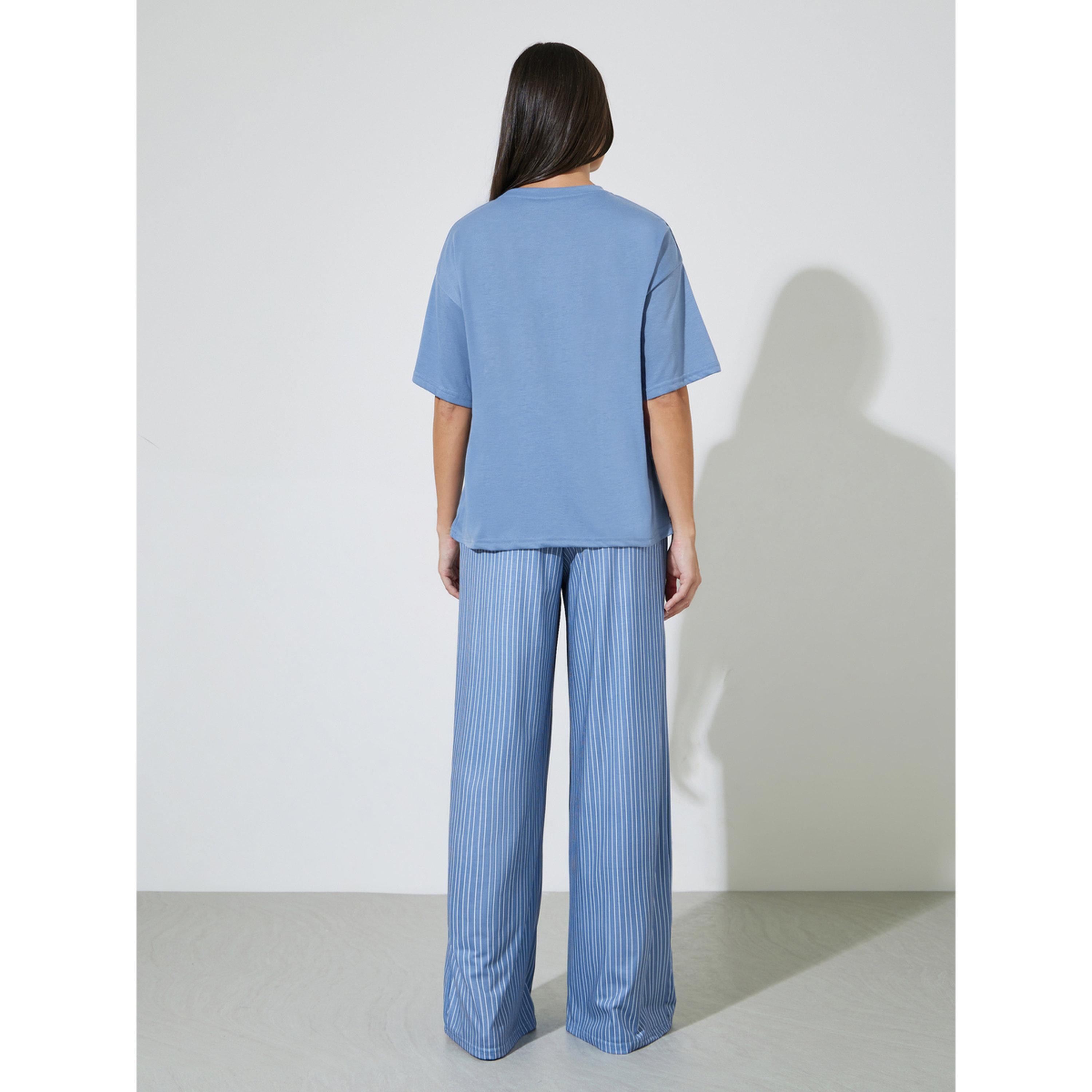 Styli Blue Fashion Squad Dog Graphic Drop Shoulder T-Shirt and Stripe Wide Leg Pyjama Set-women-clothing-nightwear-pyjamas-longsets-image-3