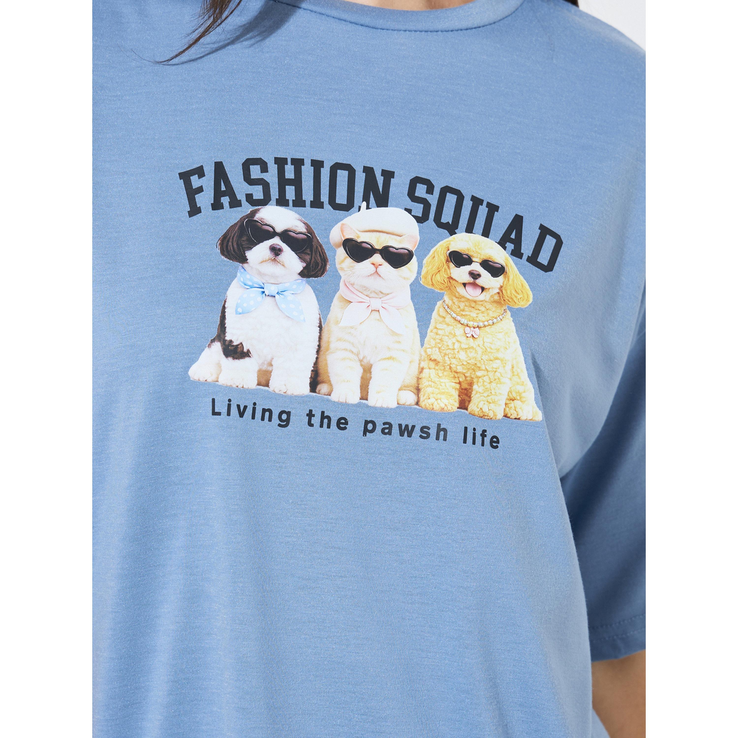 Styli Blue Fashion Squad Dog Graphic Drop Shoulder T-Shirt and Stripe Wide Leg Pyjama Set-women-clothing-nightwear-pyjamas-longsets-image-5