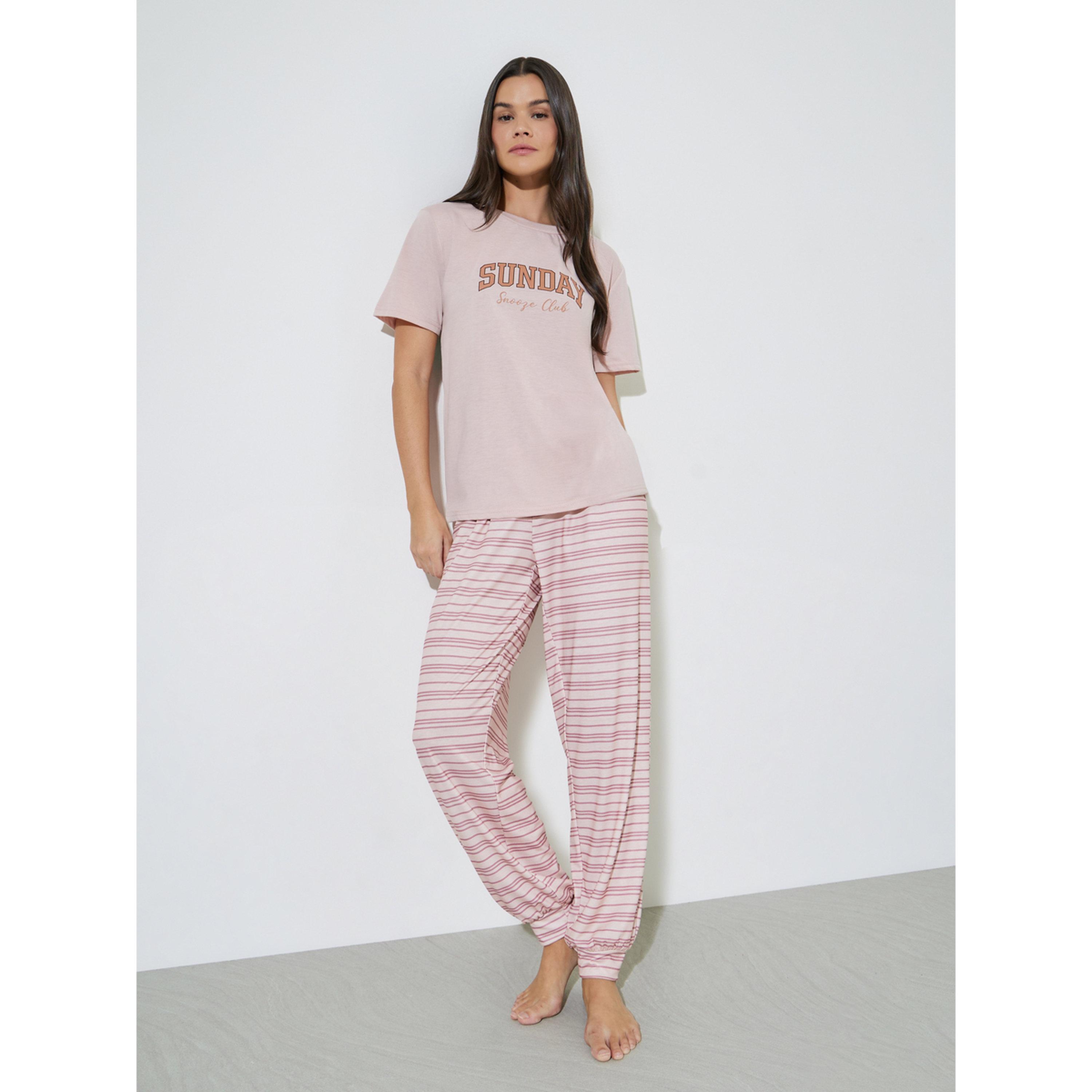 Styli Pink Sunday Graphic T-Shirt and Striped Cuff Pyjama Set-women-clothing-nightwear-pyjamas-longsets-image-1