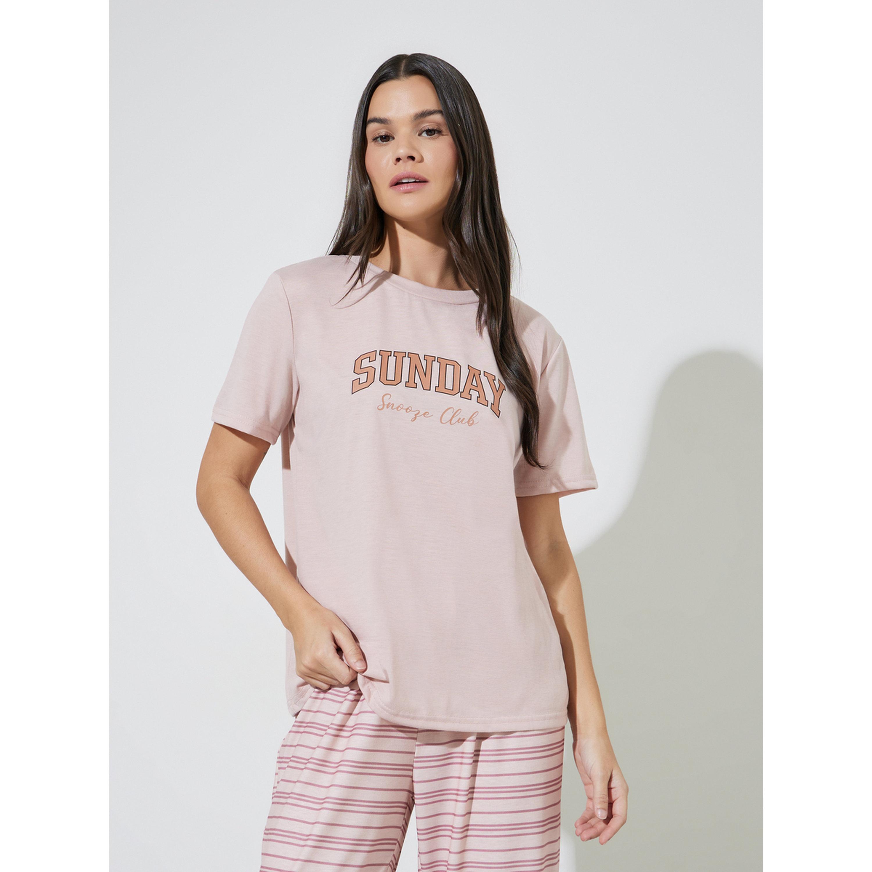Styli Pink Sunday Graphic T-Shirt and Striped Cuff Pyjama Set-women-clothing-nightwear-pyjamas-longsets-image-2