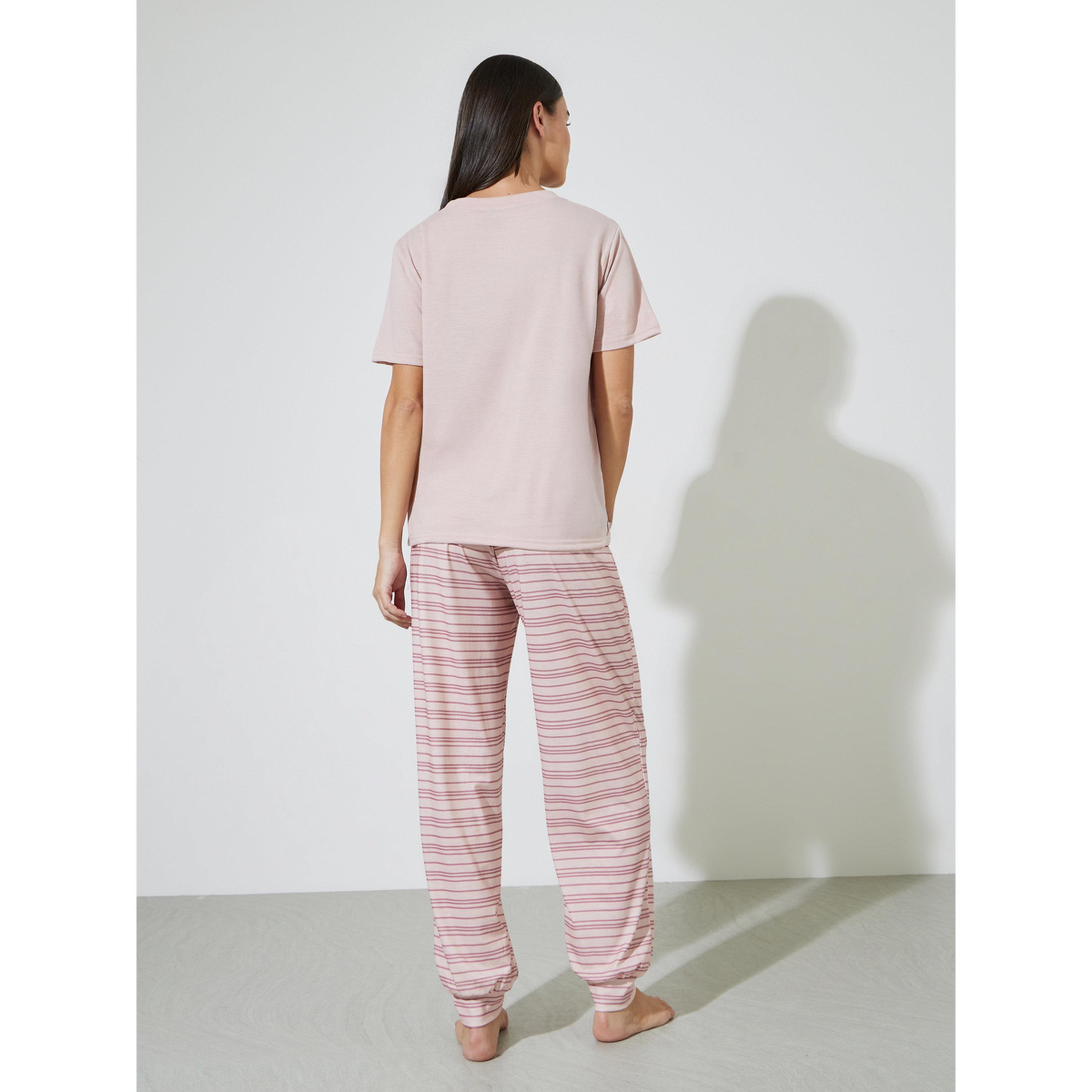 Styli Pink Sunday Graphic T-Shirt and Striped Cuff Pyjama Set-women-clothing-nightwear-pyjamas-longsets-image-3