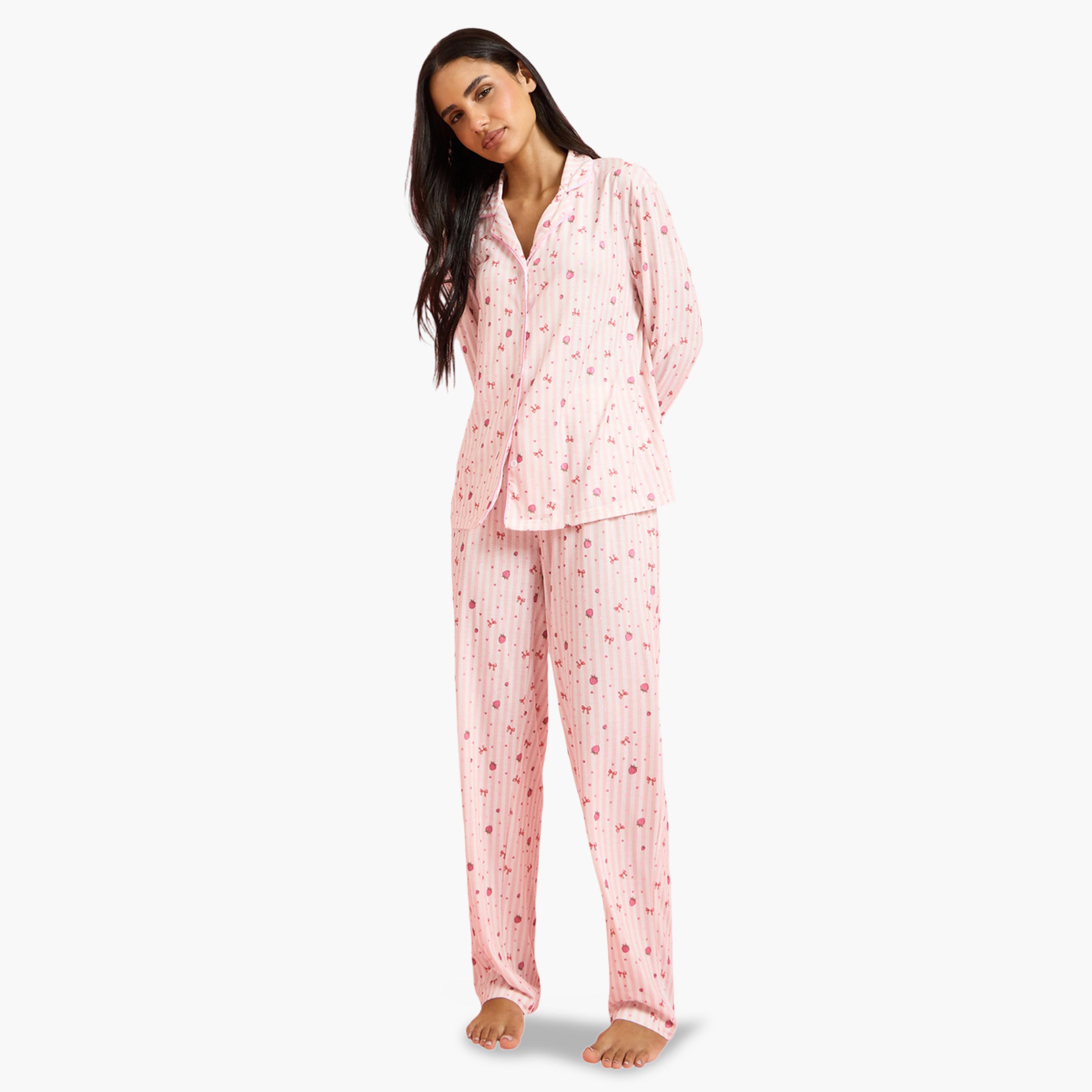 طقم بيجاما من بنطال مستقيم وبلوزة مخططة بنمط طبعة كاملة باللون الوردي-women-clothing-nightwear-pyjamas-longsets-image-1