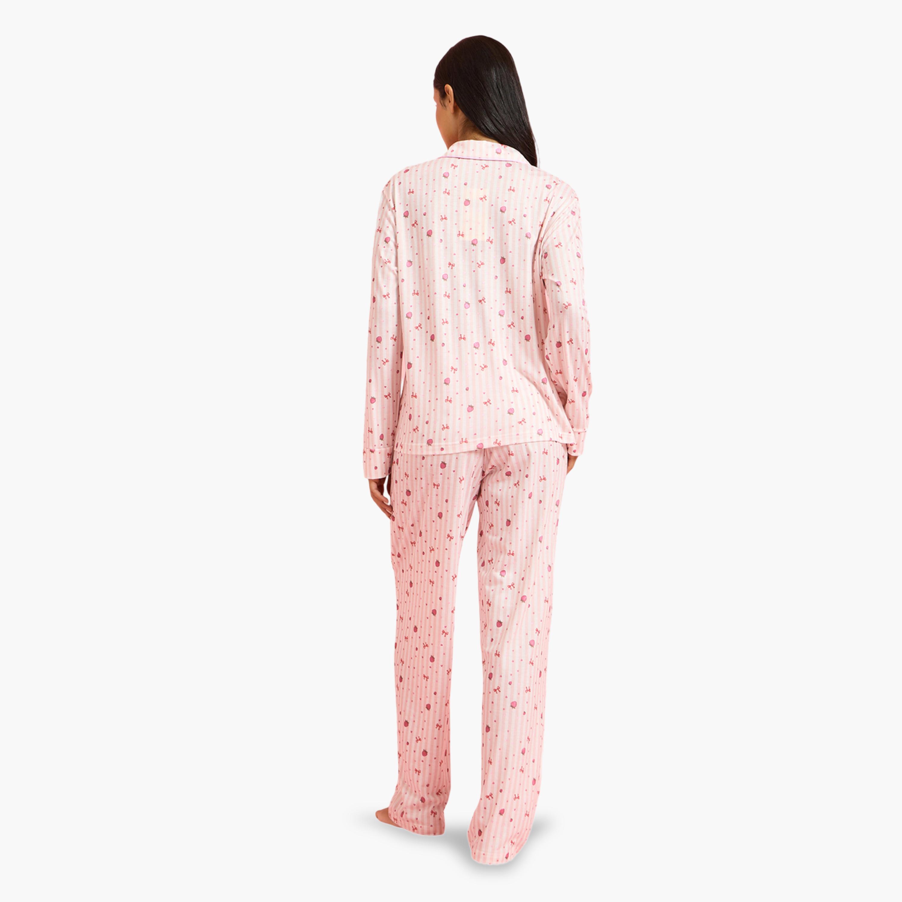 طقم بيجاما من بنطال مستقيم وبلوزة مخططة بنمط طبعة كاملة باللون الوردي-women-clothing-nightwear-pyjamas-longsets-image-2