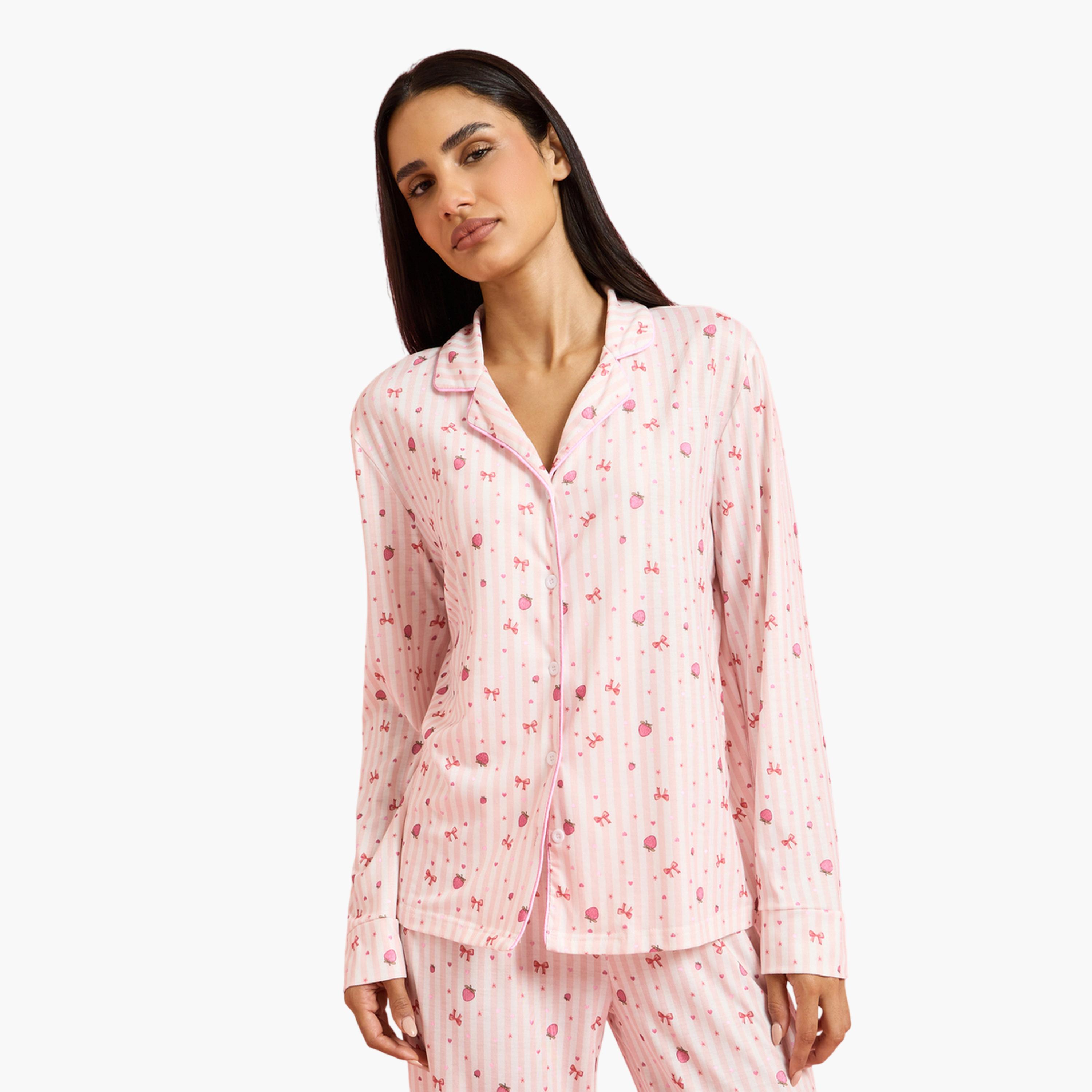 طقم بيجاما من بنطال مستقيم وبلوزة مخططة بنمط طبعة كاملة باللون الوردي-women-clothing-nightwear-pyjamas-longsets-image-3