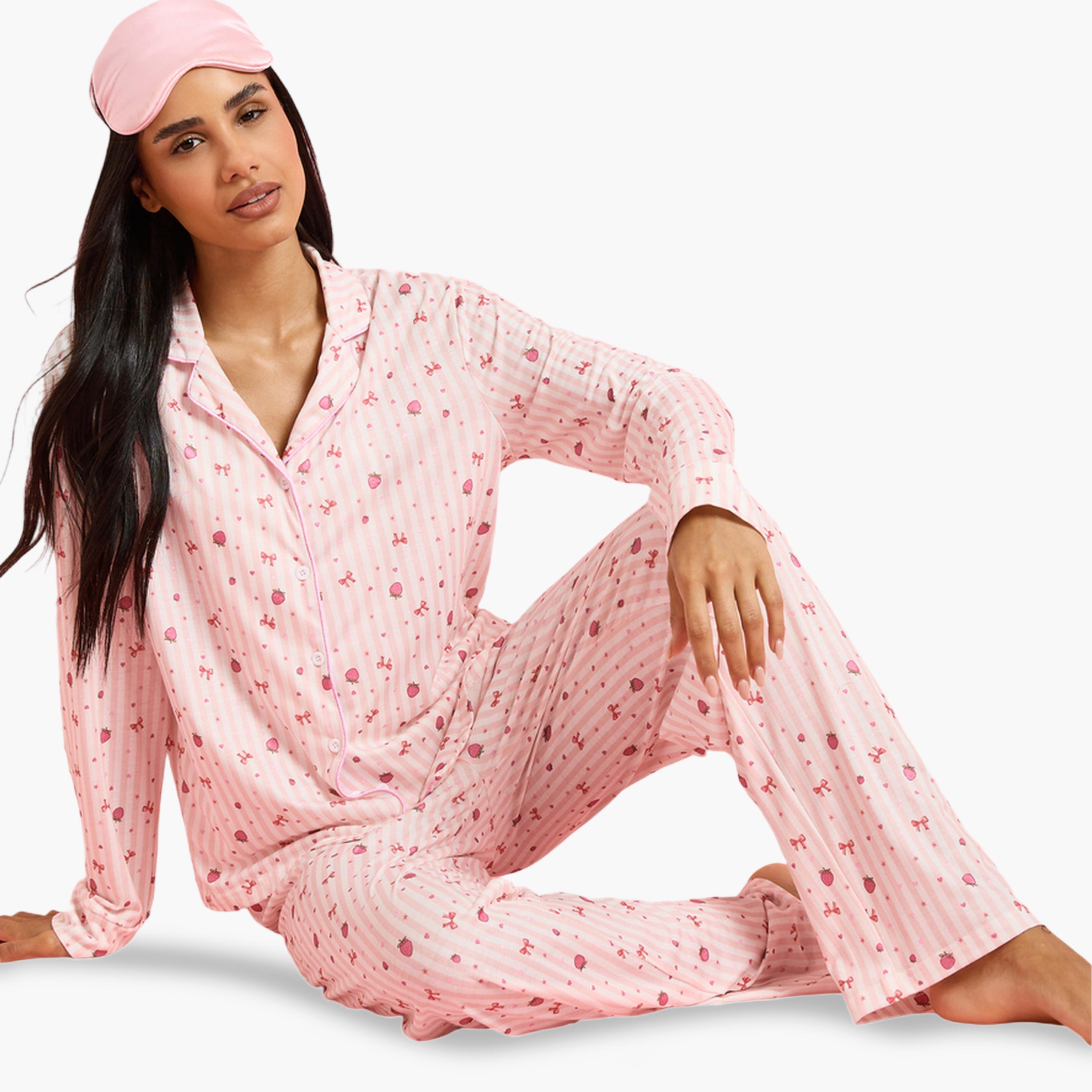 طقم بيجاما من بنطال مستقيم وبلوزة مخططة بنمط طبعة كاملة باللون الوردي-women-clothing-nightwear-pyjamas-longsets-image-4