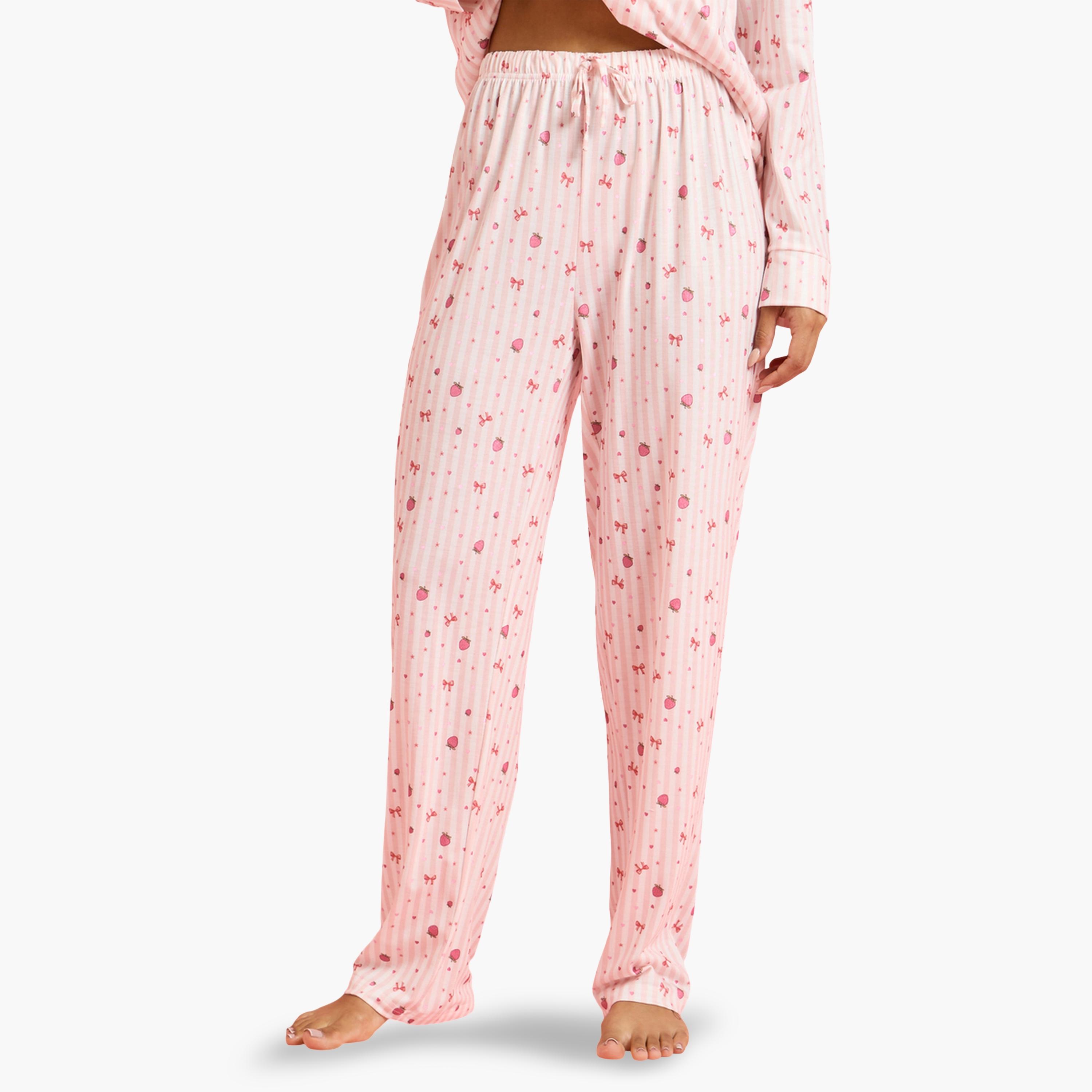 طقم بيجاما من بنطال مستقيم وبلوزة مخططة بنمط طبعة كاملة باللون الوردي-women-clothing-nightwear-pyjamas-longsets-image-5