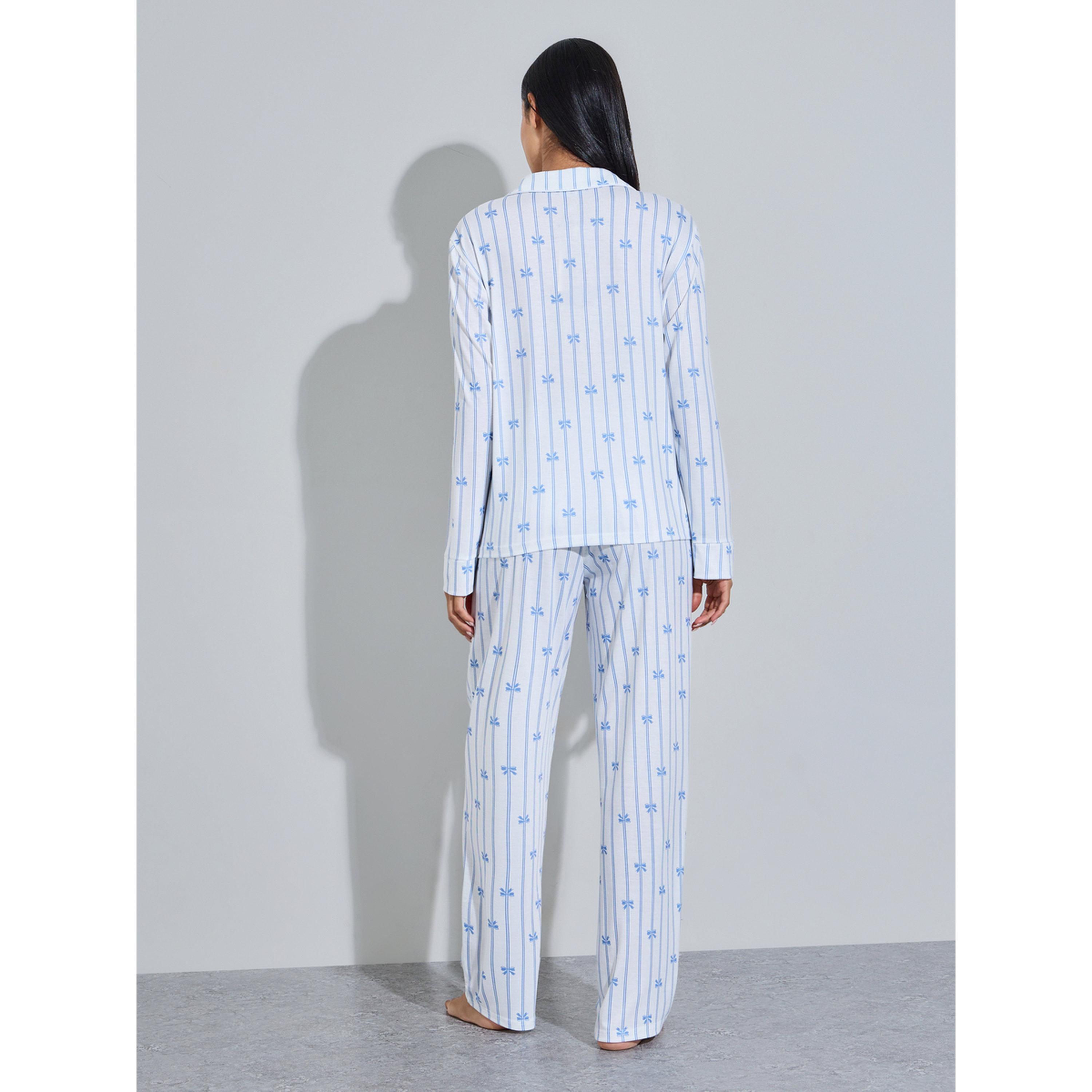 طقم بيجاما من بنطال مستقيم وبلوزة مخططة بطبعة فيونكة باللون الأزرق-women-clothing-nightwear-pyjamas-longsets-image-2