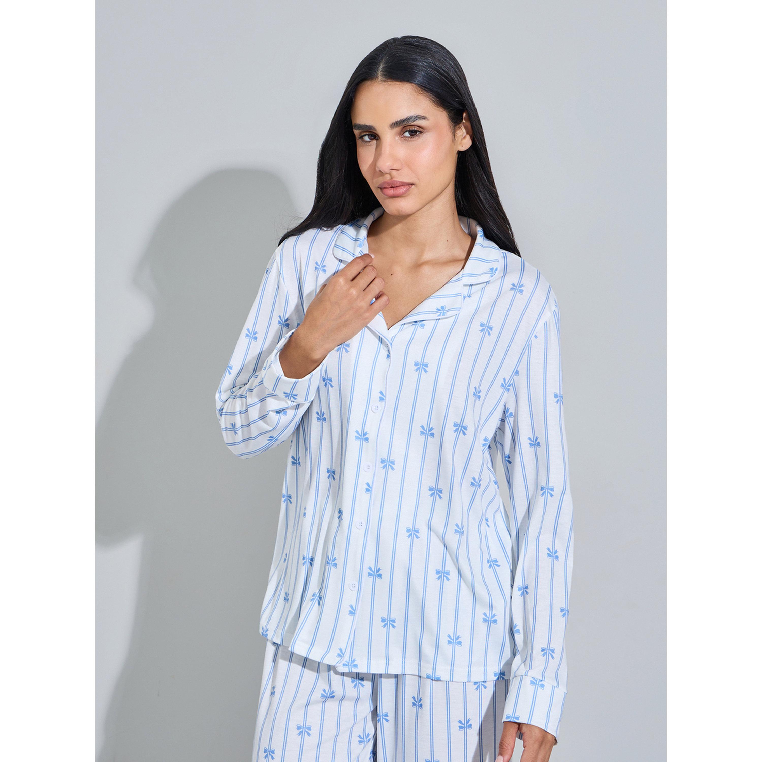طقم بيجاما من بنطال مستقيم وبلوزة مخططة بطبعة فيونكة باللون الأزرق-women-clothing-nightwear-pyjamas-longsets-image-3