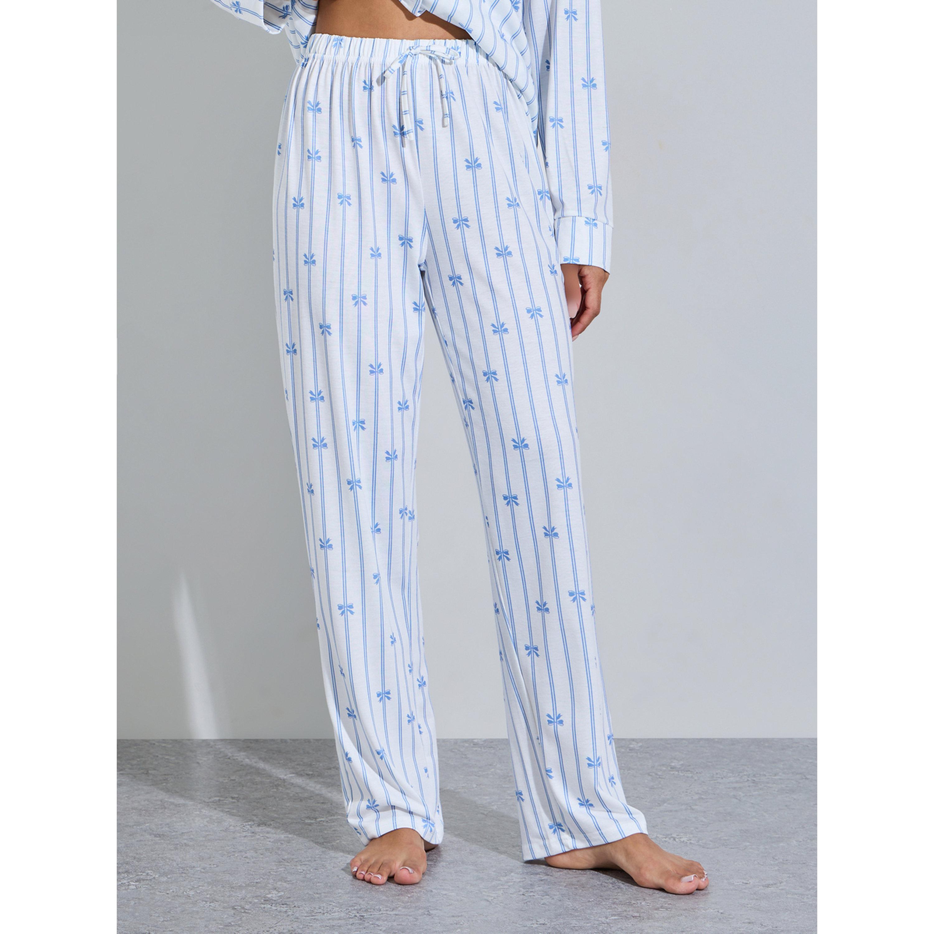 طقم بيجاما من بنطال مستقيم وبلوزة مخططة بطبعة فيونكة باللون الأزرق-women-clothing-nightwear-pyjamas-longsets-image-5