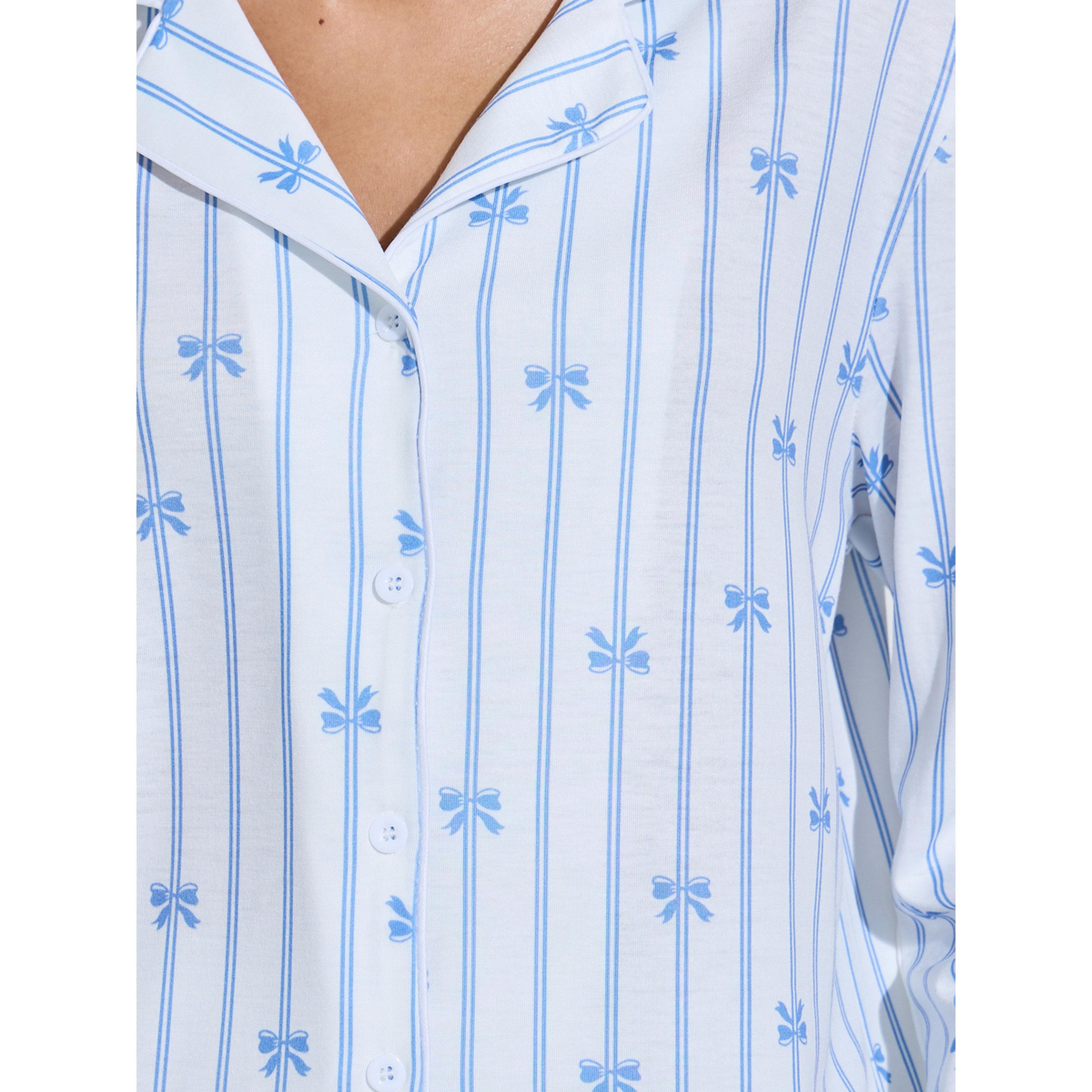 طقم بيجاما من بنطال مستقيم وبلوزة مخططة بطبعة فيونكة باللون الأزرق-women-clothing-nightwear-pyjamas-longsets-image-6