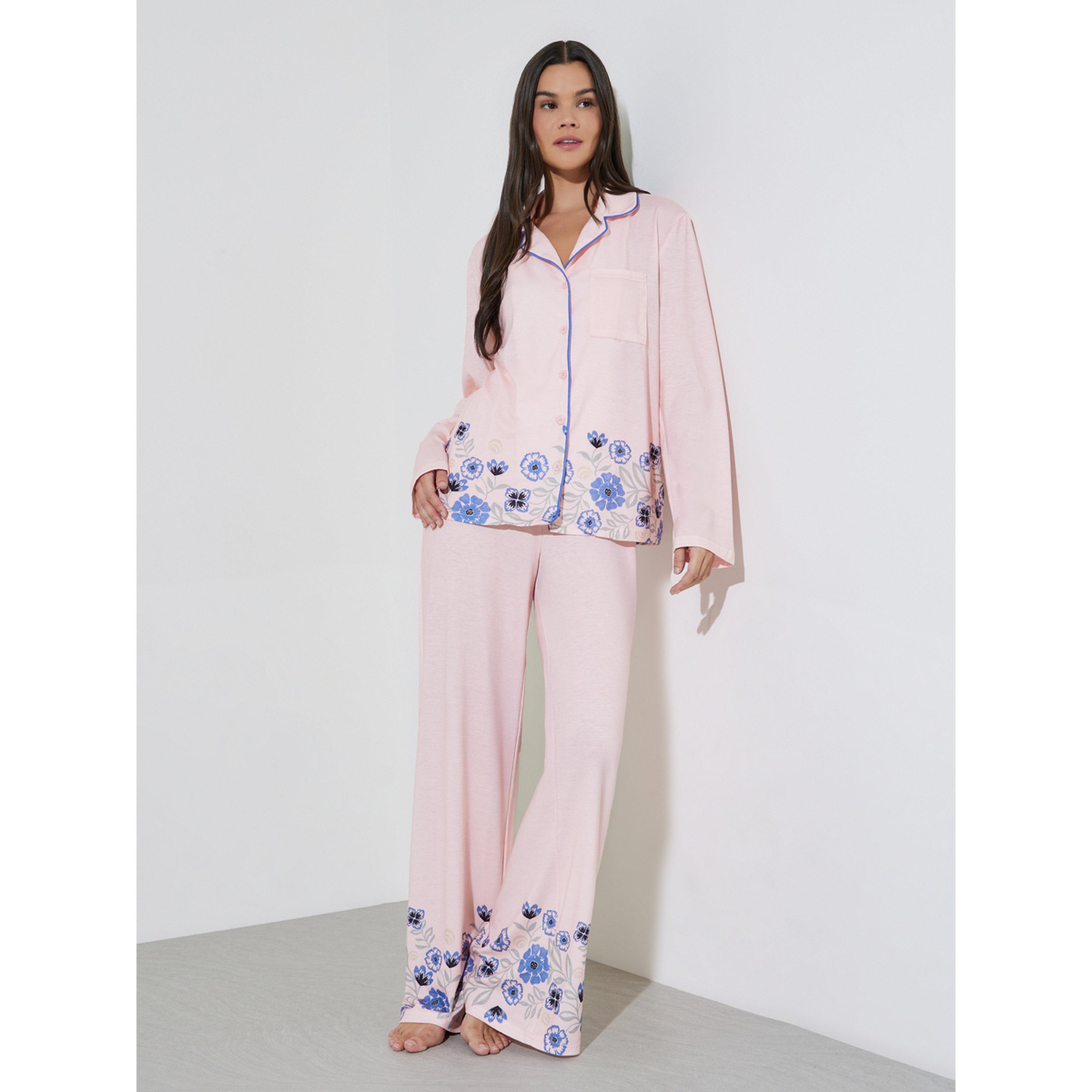 Styli Pink Floral Border Print Piped Collar Shirt and Wide Leg Pyjama Set-women-clothing-nightwear-pyjamas-longsets-image-1