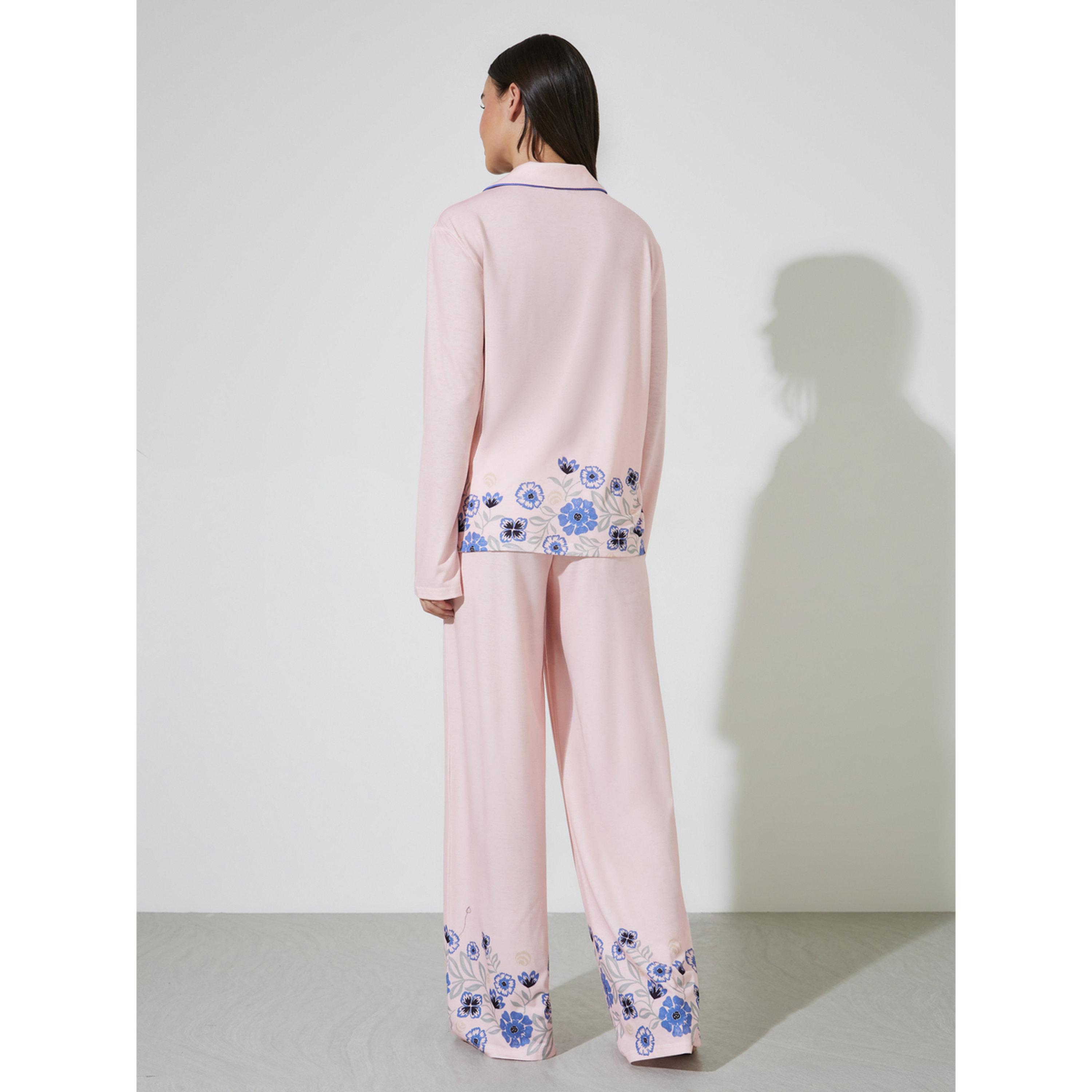 Styli Pink Floral Border Print Piped Collar Shirt and Wide Leg Pyjama Set-women-clothing-nightwear-pyjamas-longsets-image-3