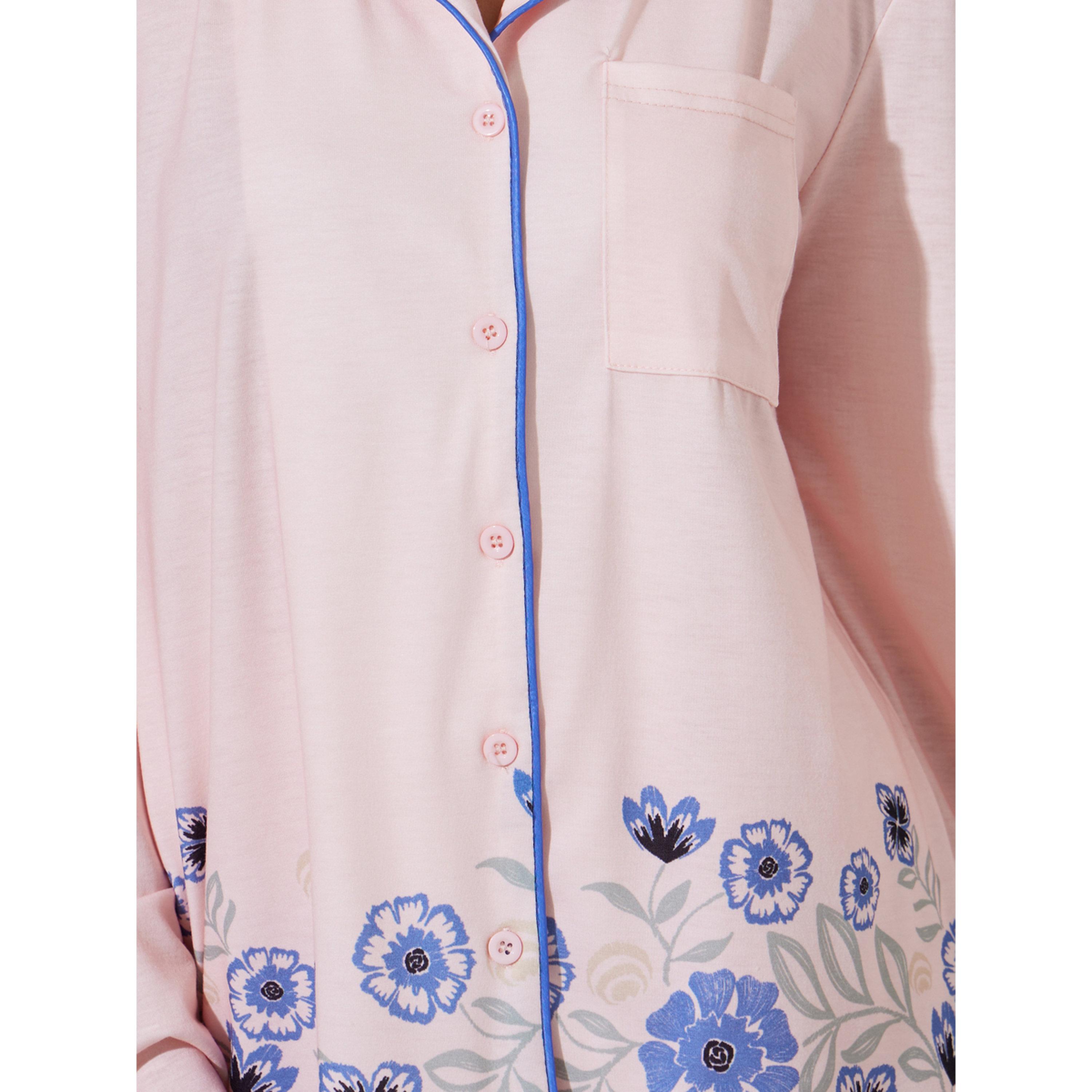 Styli Pink Floral Border Print Piped Collar Shirt and Wide Leg Pyjama Set-women-clothing-nightwear-pyjamas-longsets-image-5