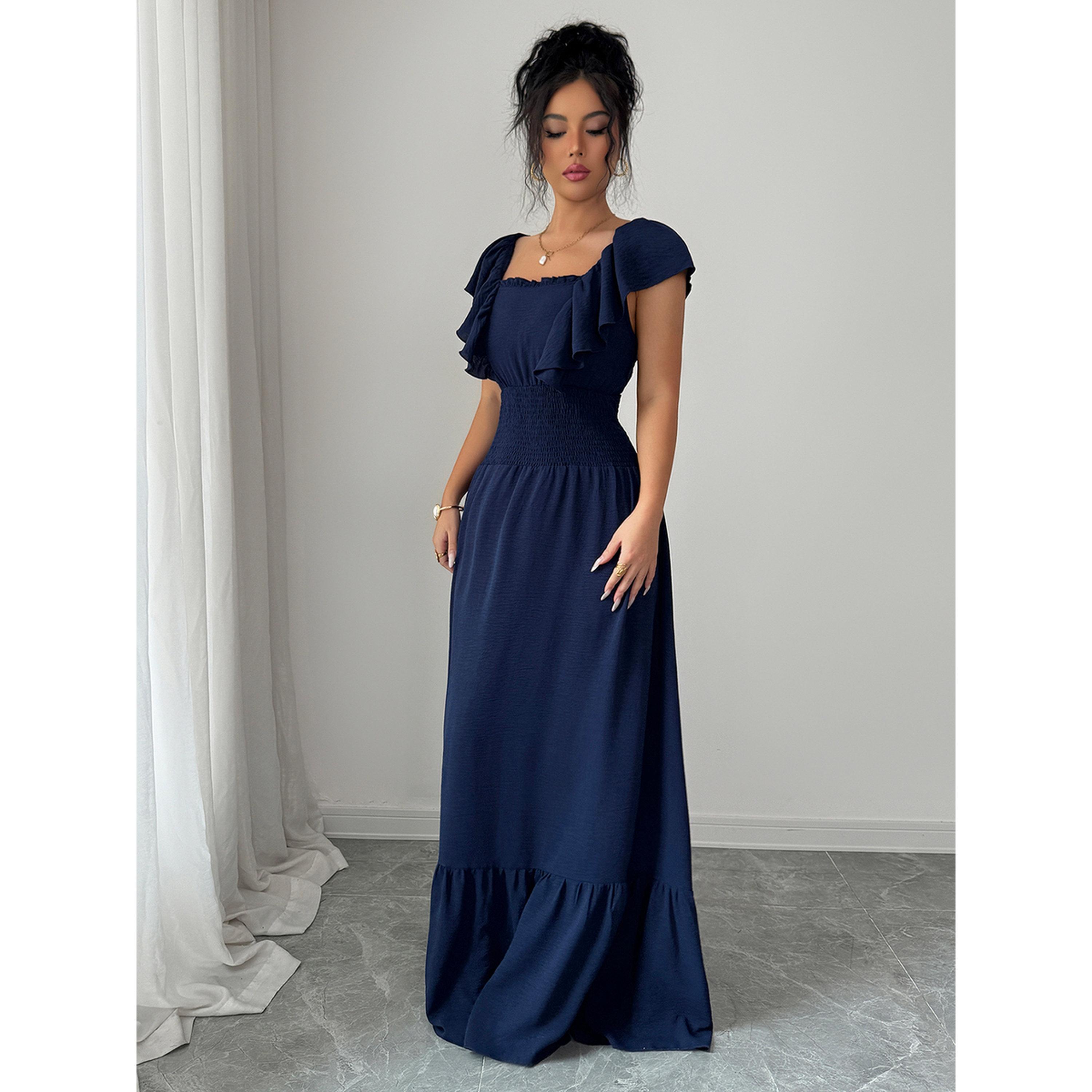 فستان طويل بأكمام بكشكشة وخصر مجعد باللون الكحلي-women-clothing-dresses-image-1