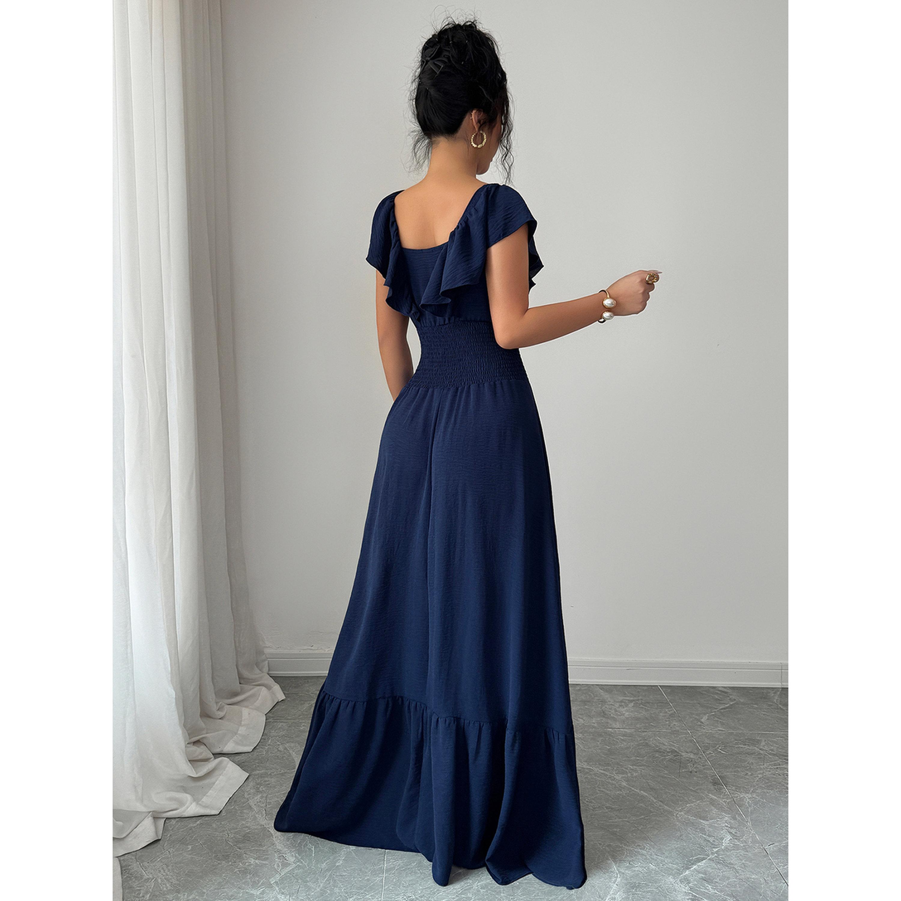 فستان طويل بأكمام بكشكشة وخصر مجعد باللون الكحلي-women-clothing-dresses-image-2