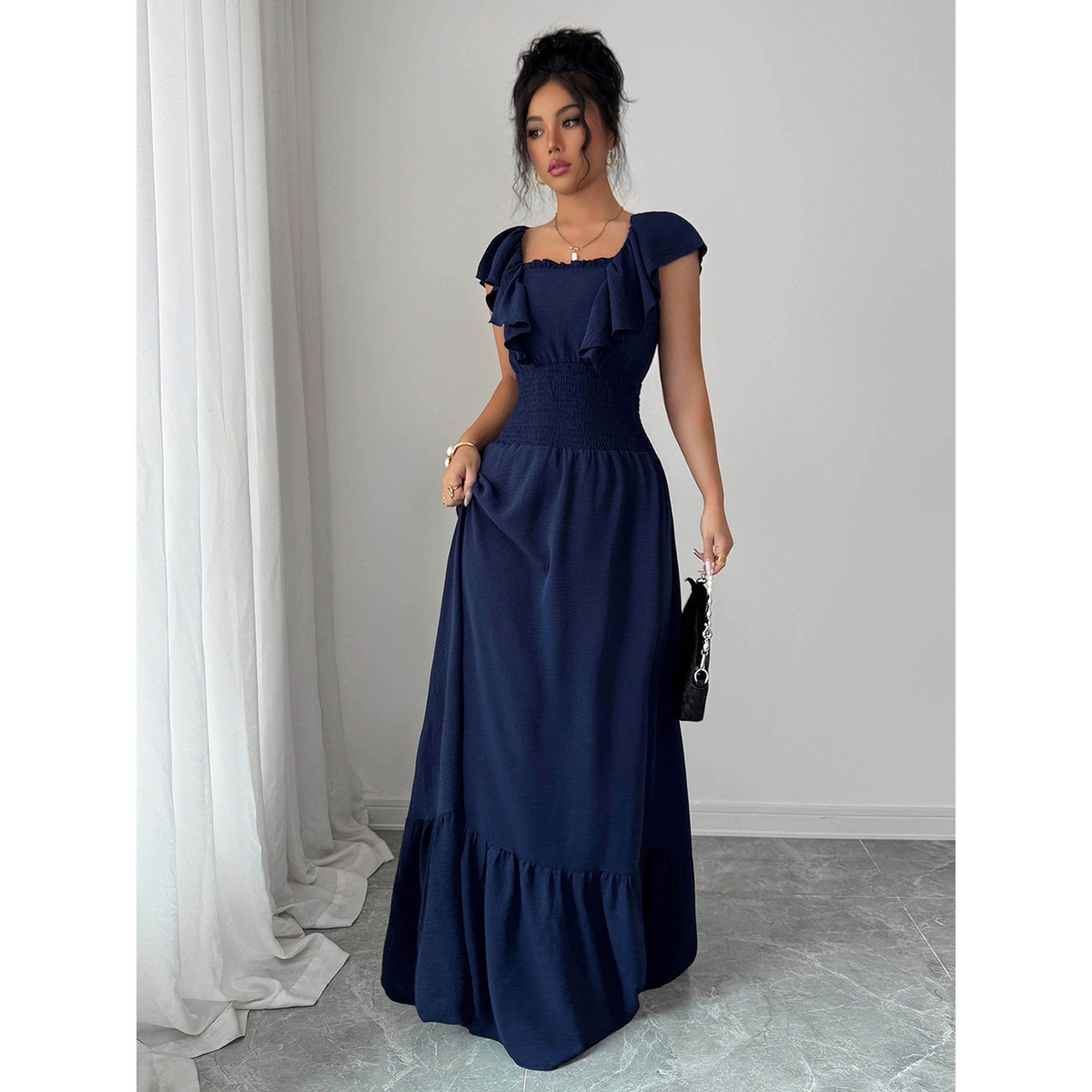 فستان طويل بأكمام بكشكشة وخصر مجعد باللون الكحلي-women-clothing-dresses-image-3