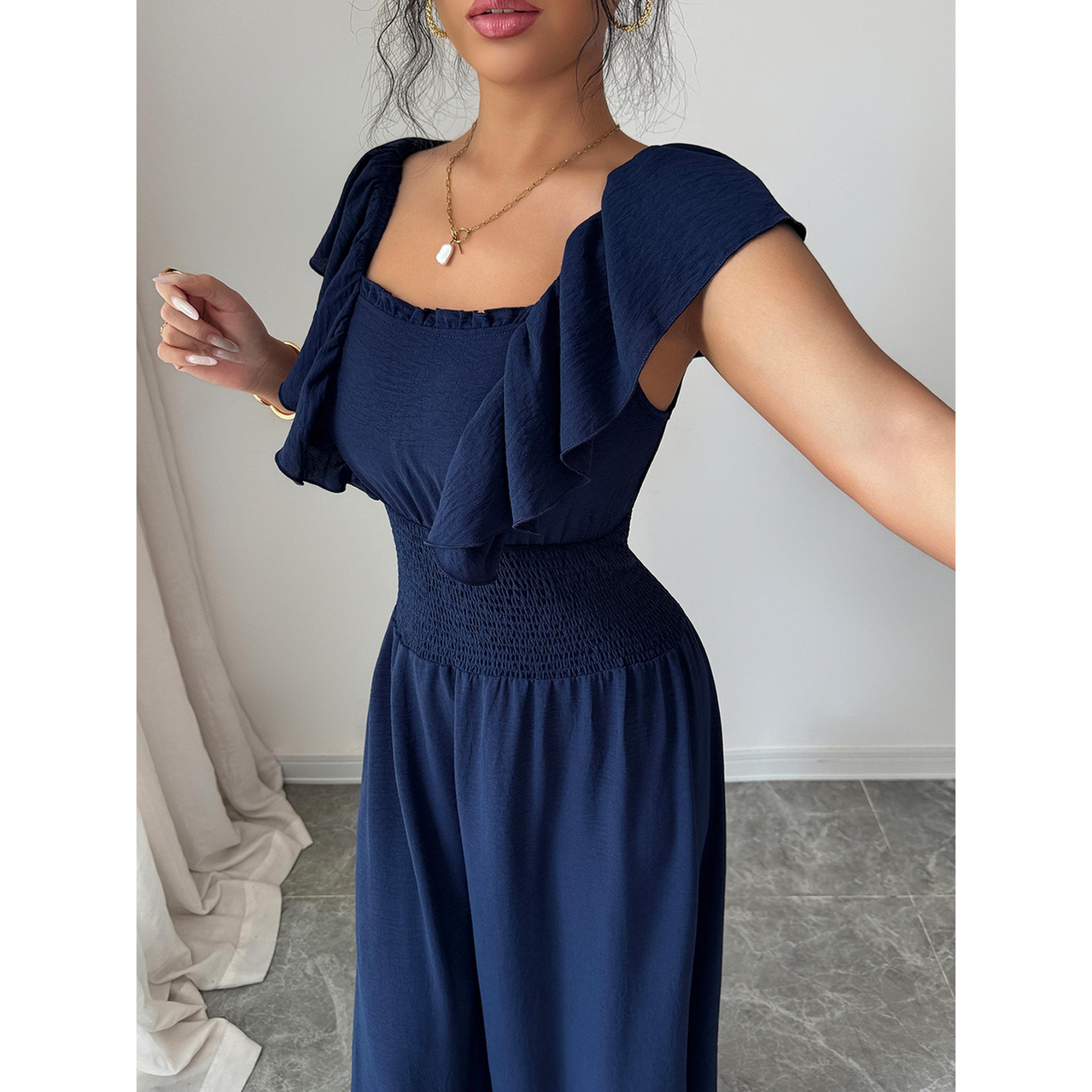 فستان طويل بأكمام بكشكشة وخصر مجعد باللون الكحلي-women-clothing-dresses-image-4