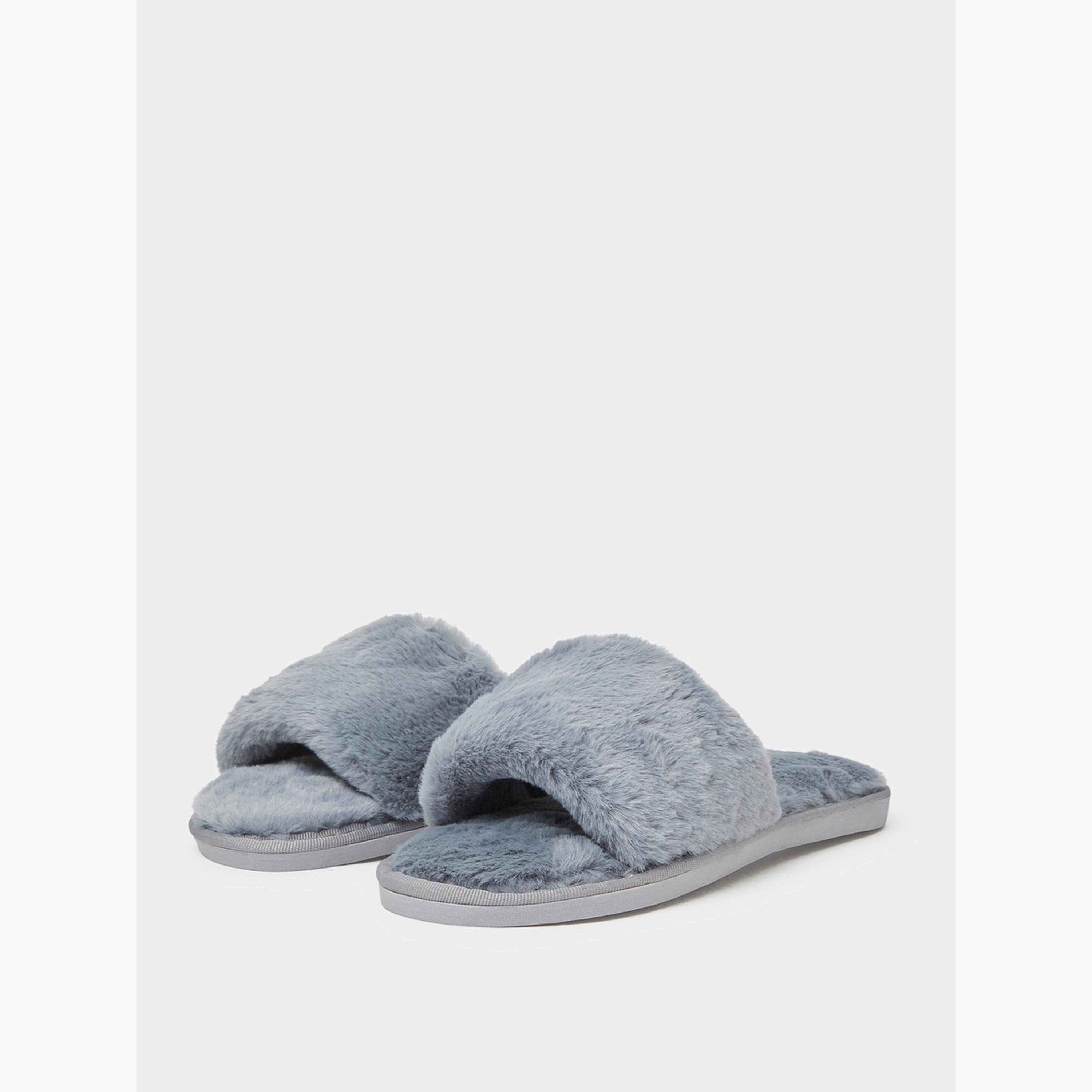 Styli Grey Plush Faux Fur Bedroom Slippers-women-shoes-flats-slides-image-1