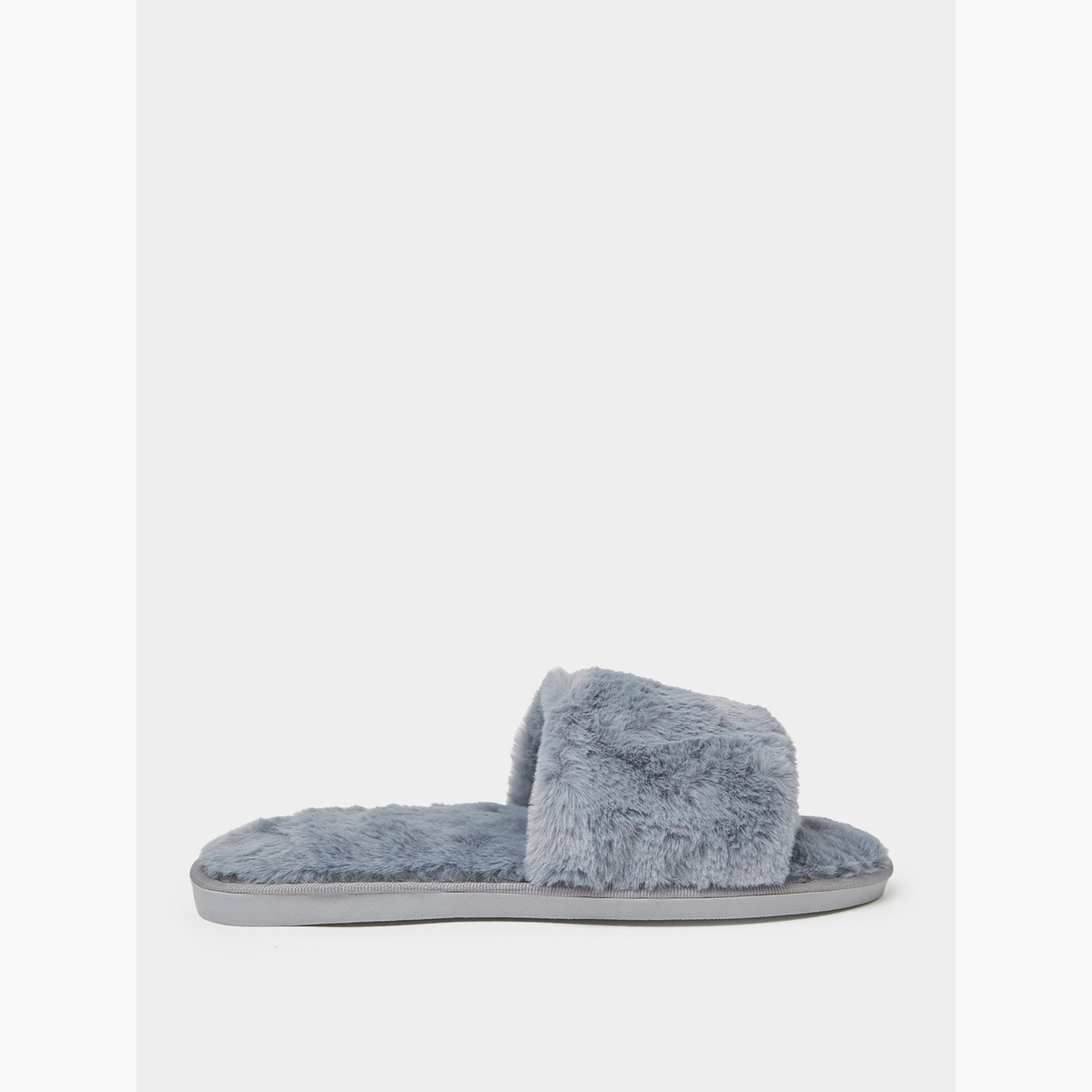 Styli Grey Plush Faux Fur Bedroom Slippers-women-shoes-flats-slides-image-2